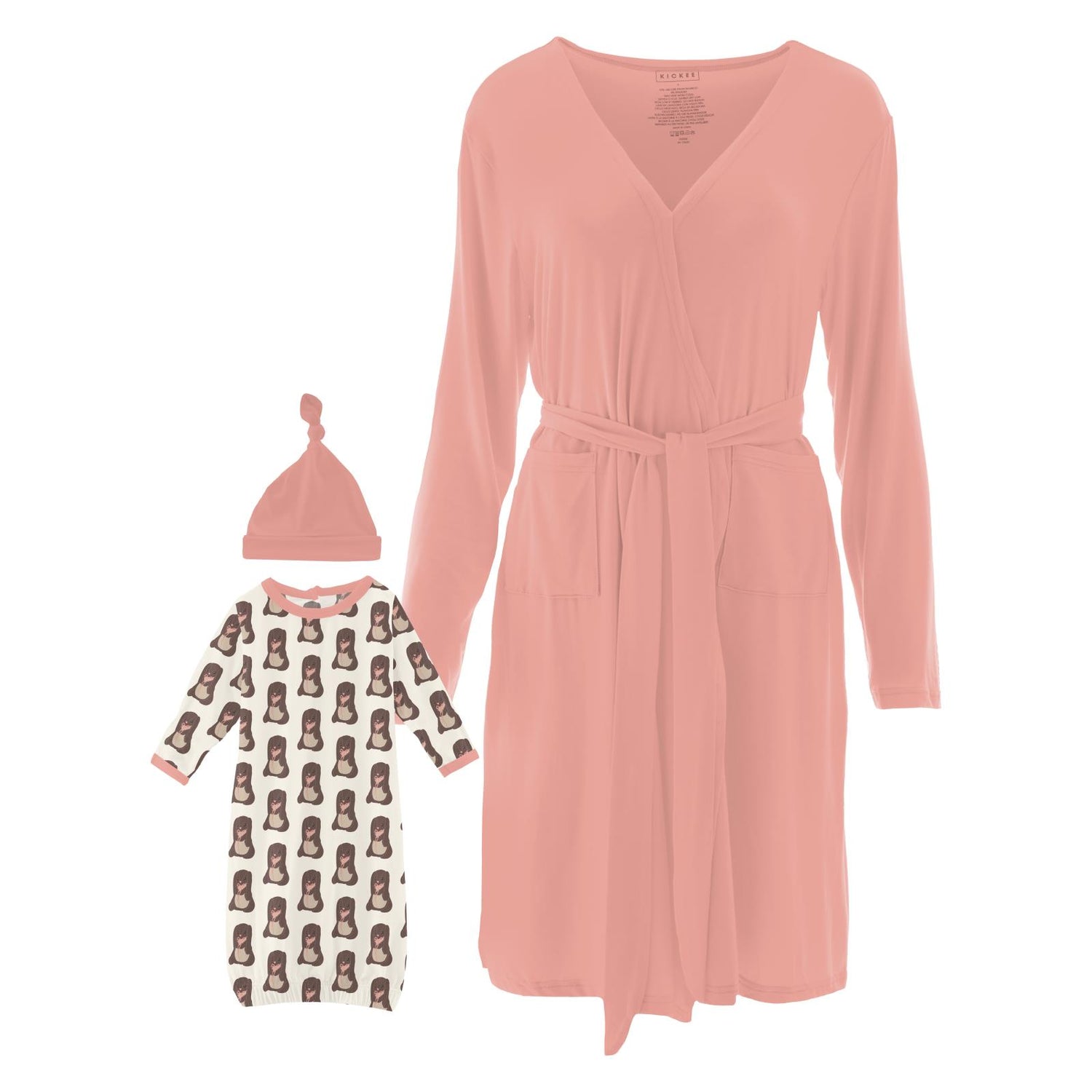 Women's Print Mid Length Lounge Robe & Layette Gown Set in Natural Velveteen Rabbit