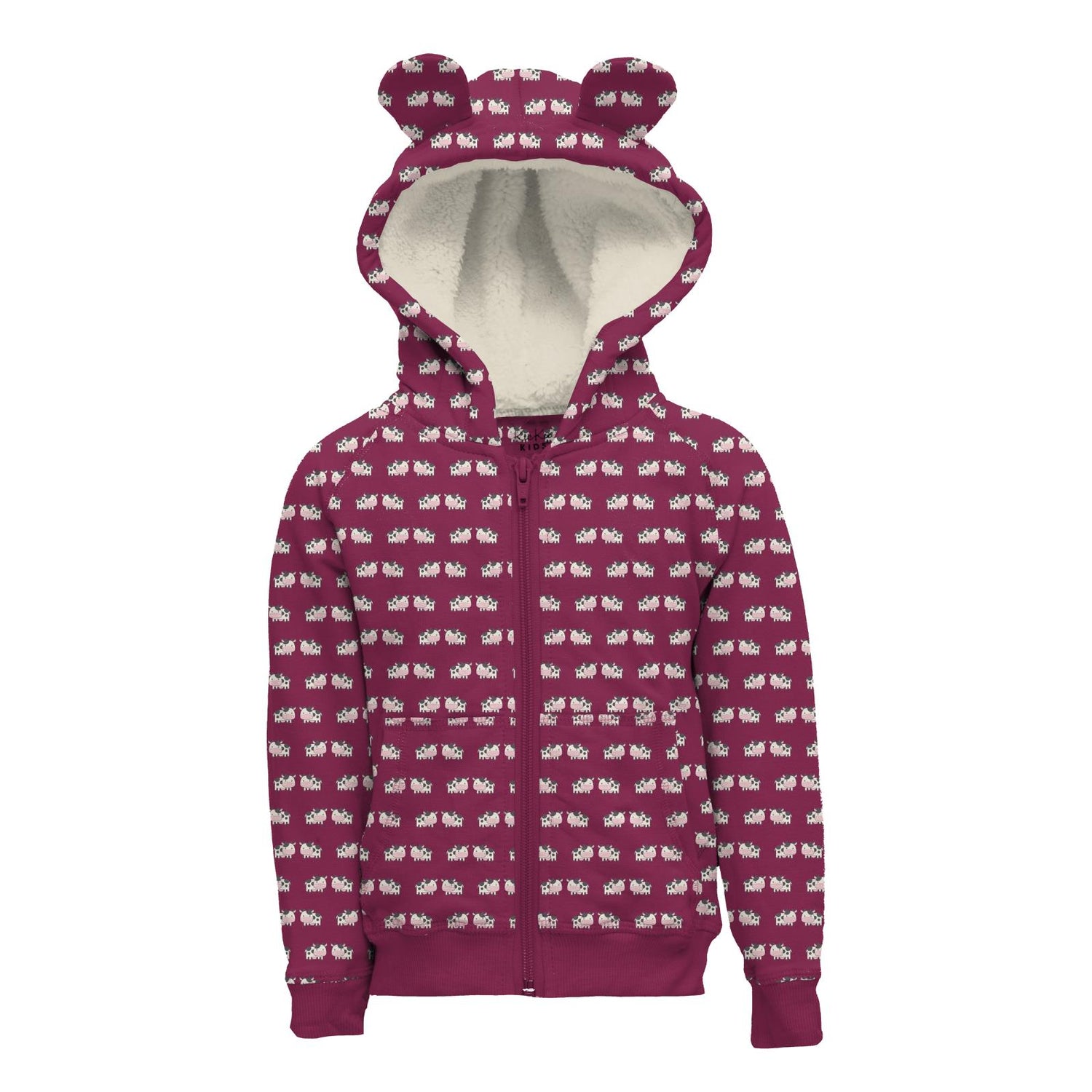 Print Fleece Zip-Front Hoodie with Ears in Berry Cow