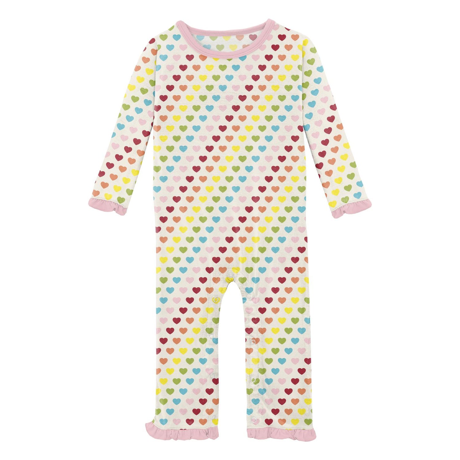 Print Oh La La Ruffle Romper in Rainbow Hearts