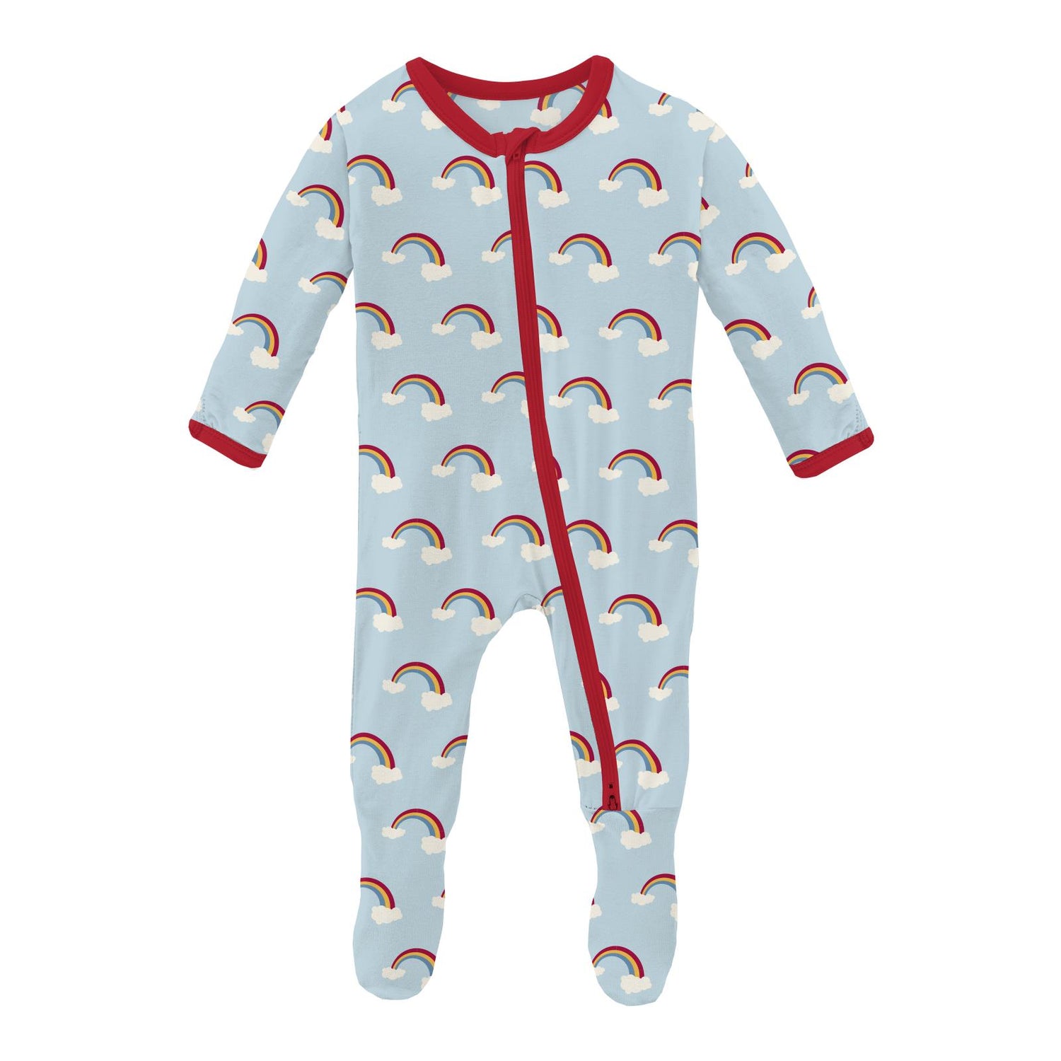 Print Footie with 2 Way Zipper in Spring Sky Rainbows