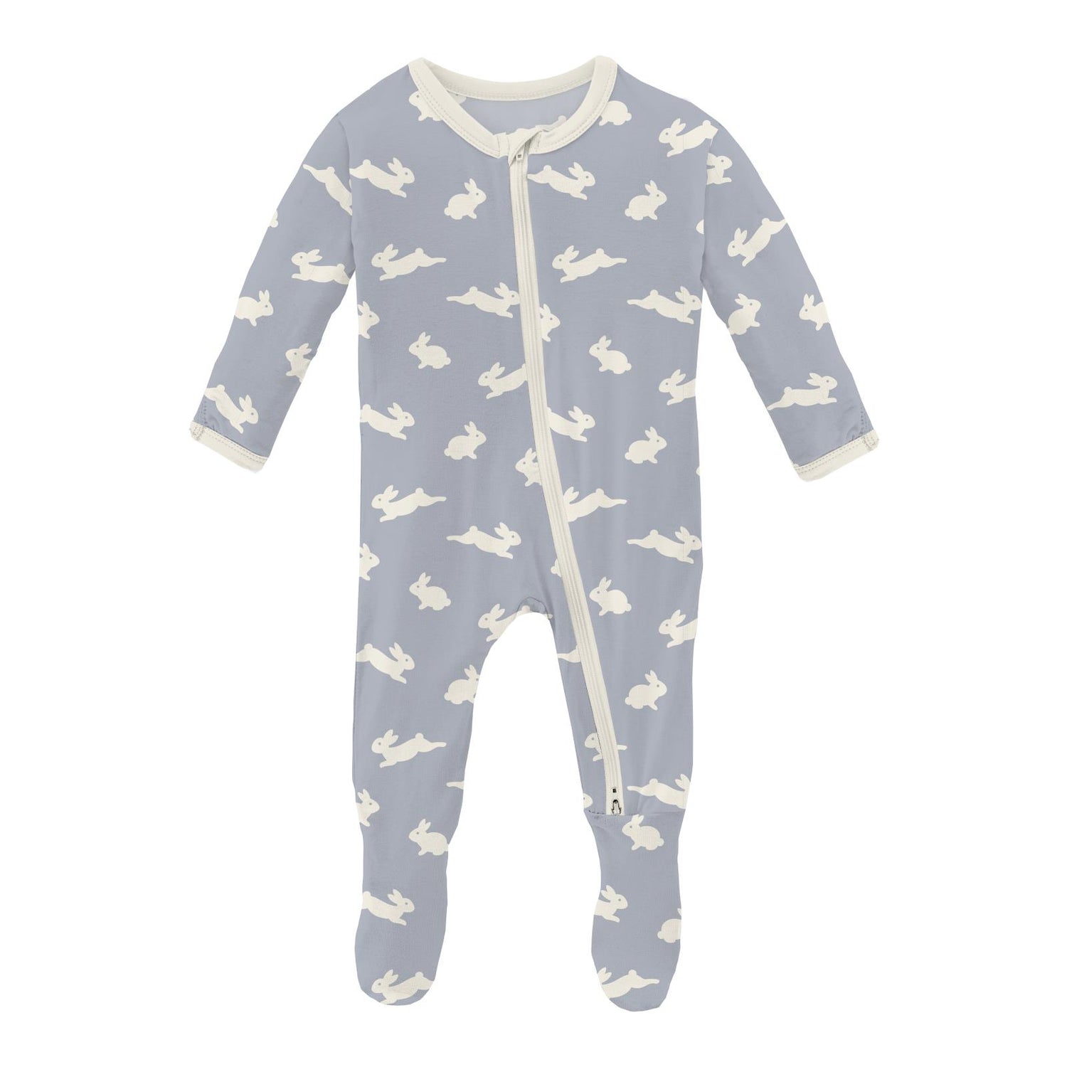 Print Footie with 2 Way Zipper in Pearl Blue Bunny