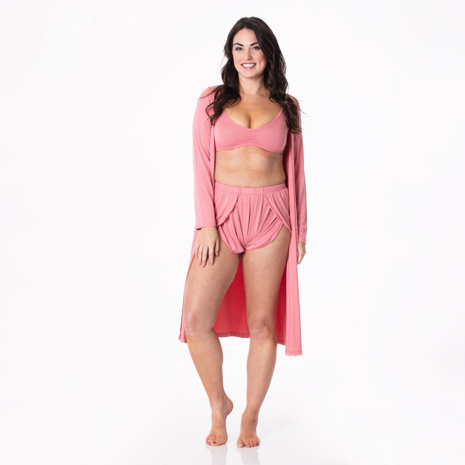 Women's Sleeping Bra, Tulip Shorts and Duster Robe Set in Desert Rose