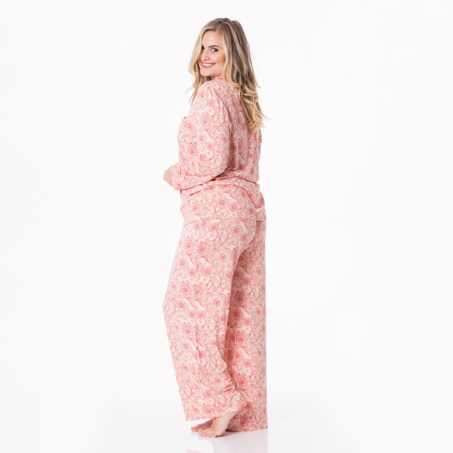 Women's Print Long Sleeve Collared Pajama Set in Peach Blossom Lace