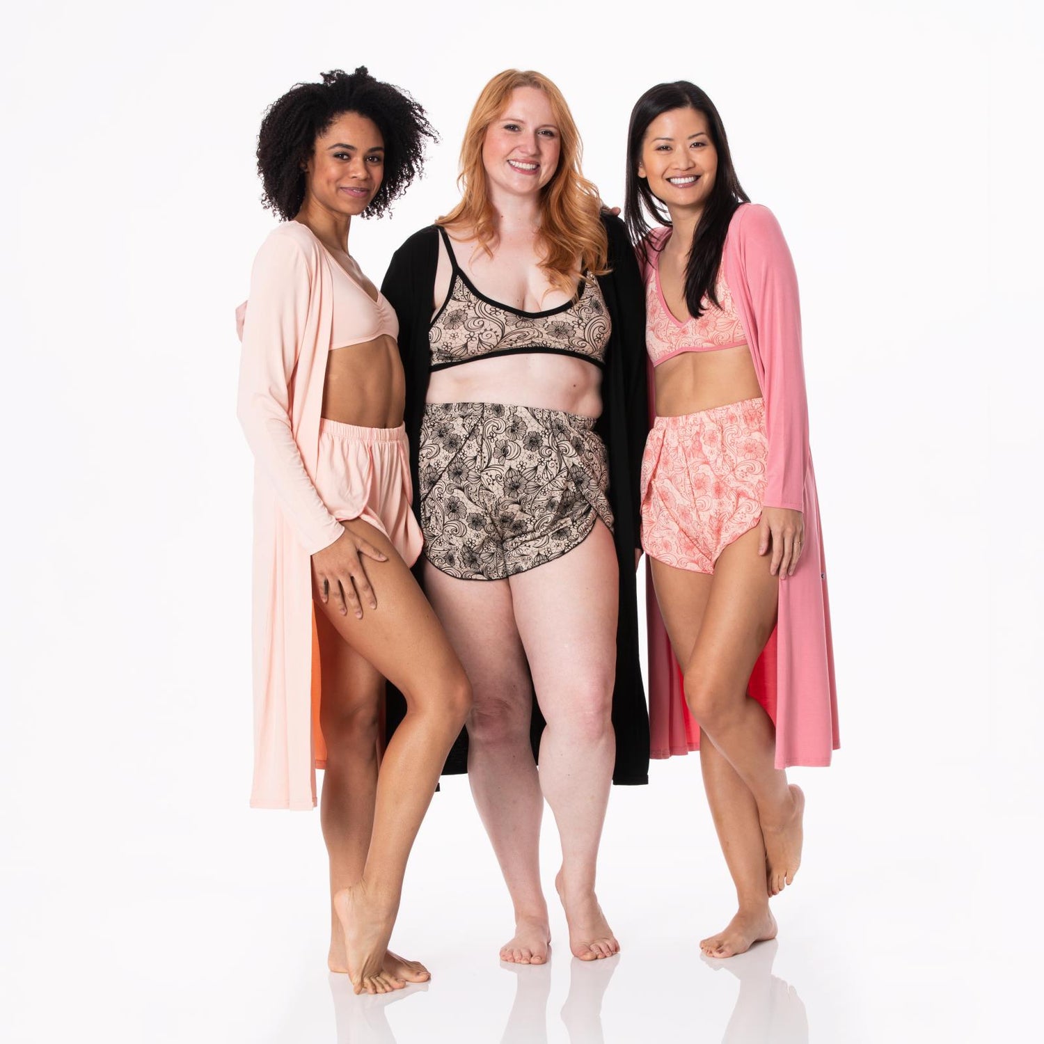 Women's Print Sleeping Bra, Tulip Shorts and Duster Robe Set in Burlap Lace