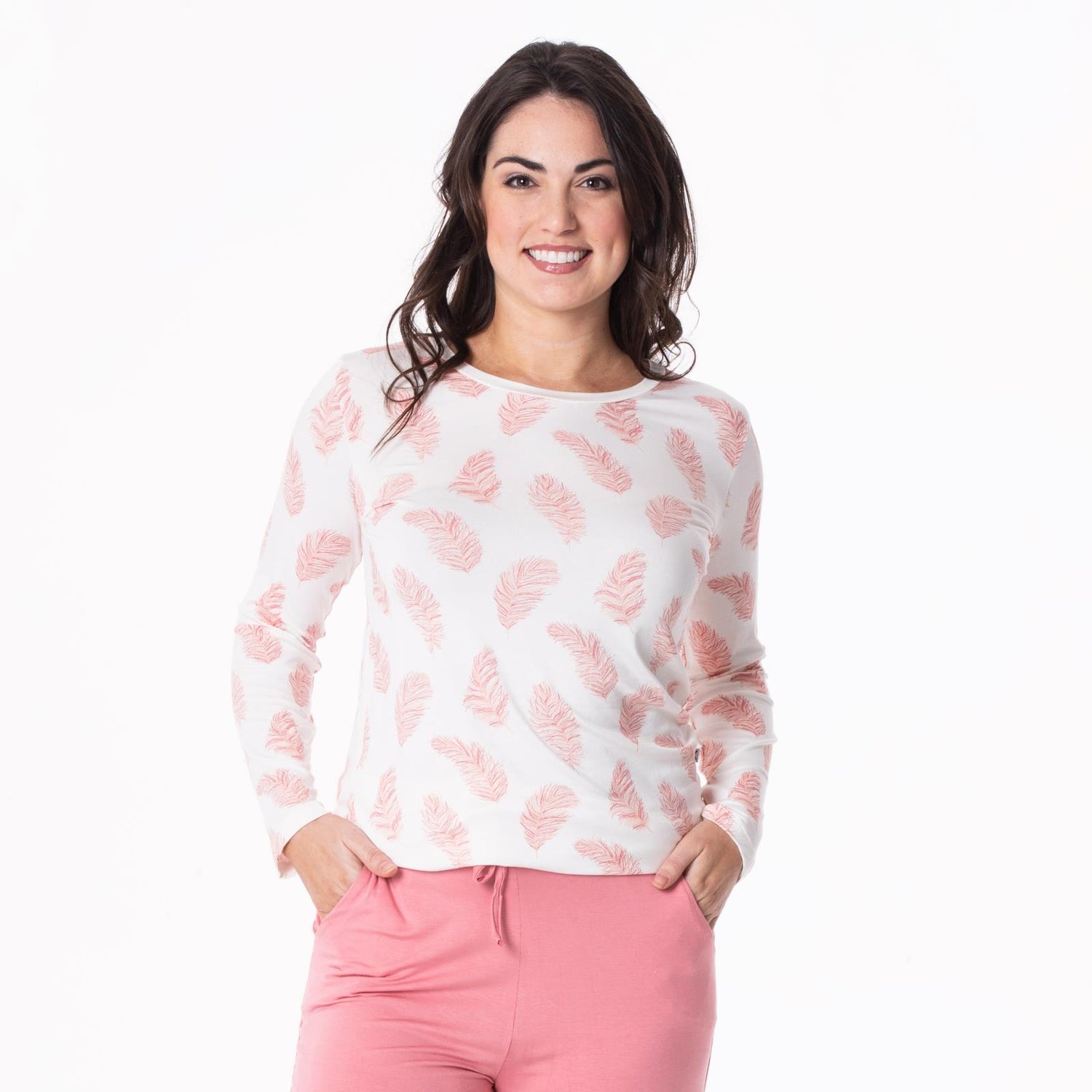Women's Print Long Sleeve Loosey Goosey Tee in Natural Feathers