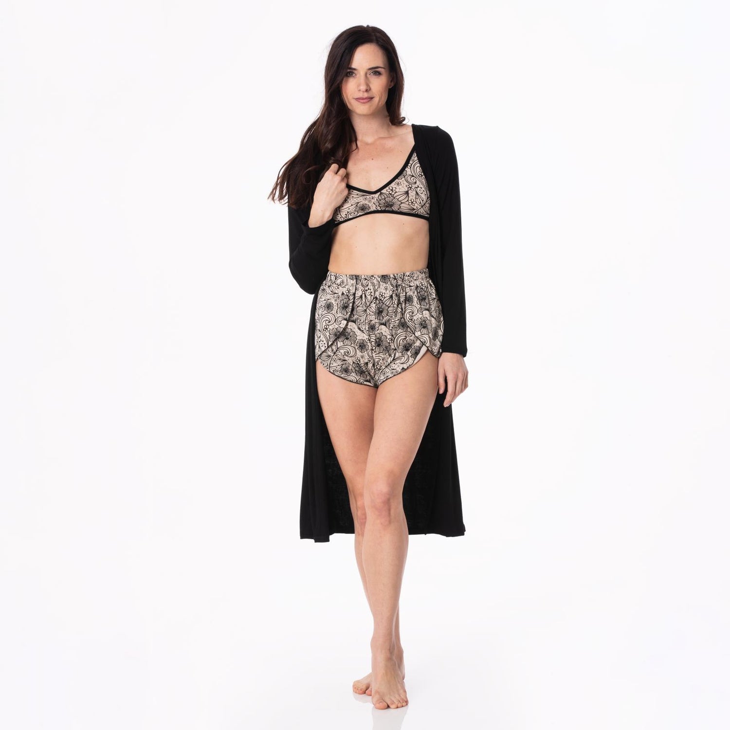 Women's Print Sleeping Bra, Tulip Shorts and Duster Robe Set in Burlap Lace