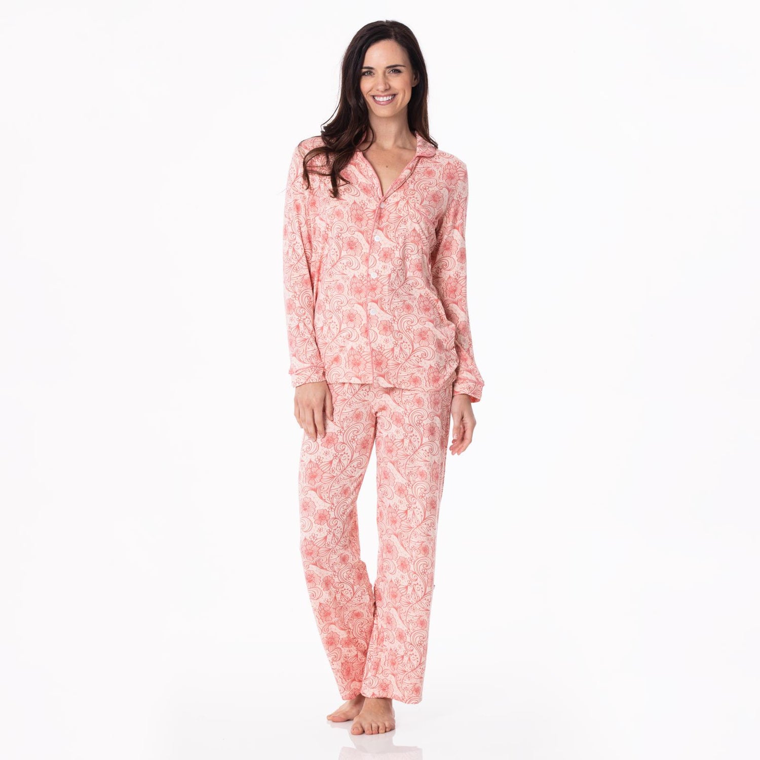 Women's Print Long Sleeve Collared Pajama Set in Peach Blossom Lace