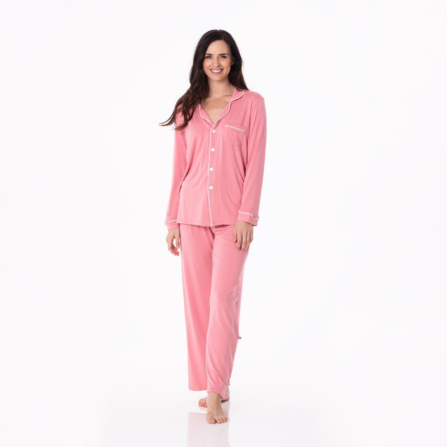 Women's Long Sleeved Collared Pajama Set in Desert Rose with Natural