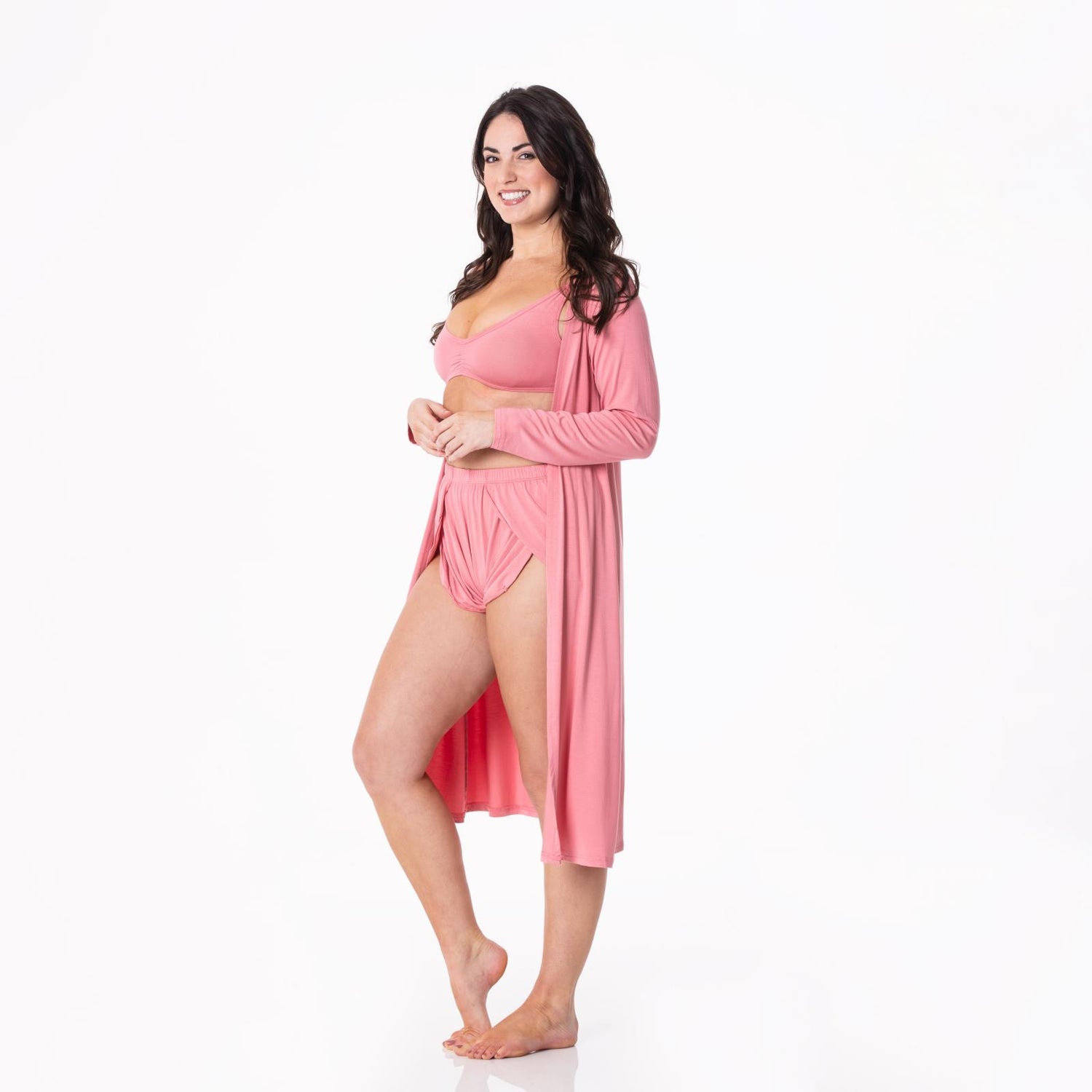 Women's Sleeping Bra, Tulip Shorts and Duster Robe Set in Desert Rose