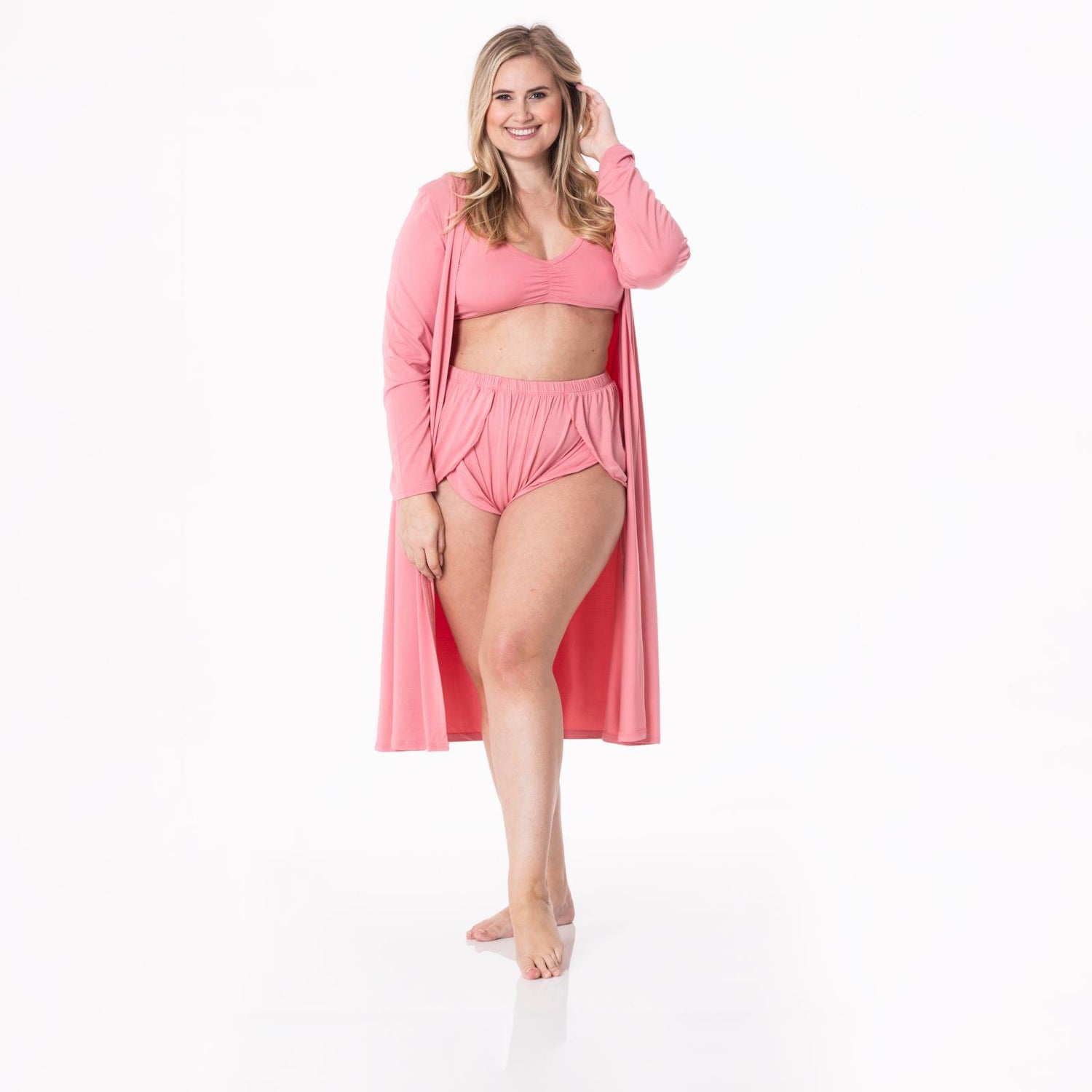 Women's Sleeping Bra, Tulip Shorts and Duster Robe Set in Desert Rose