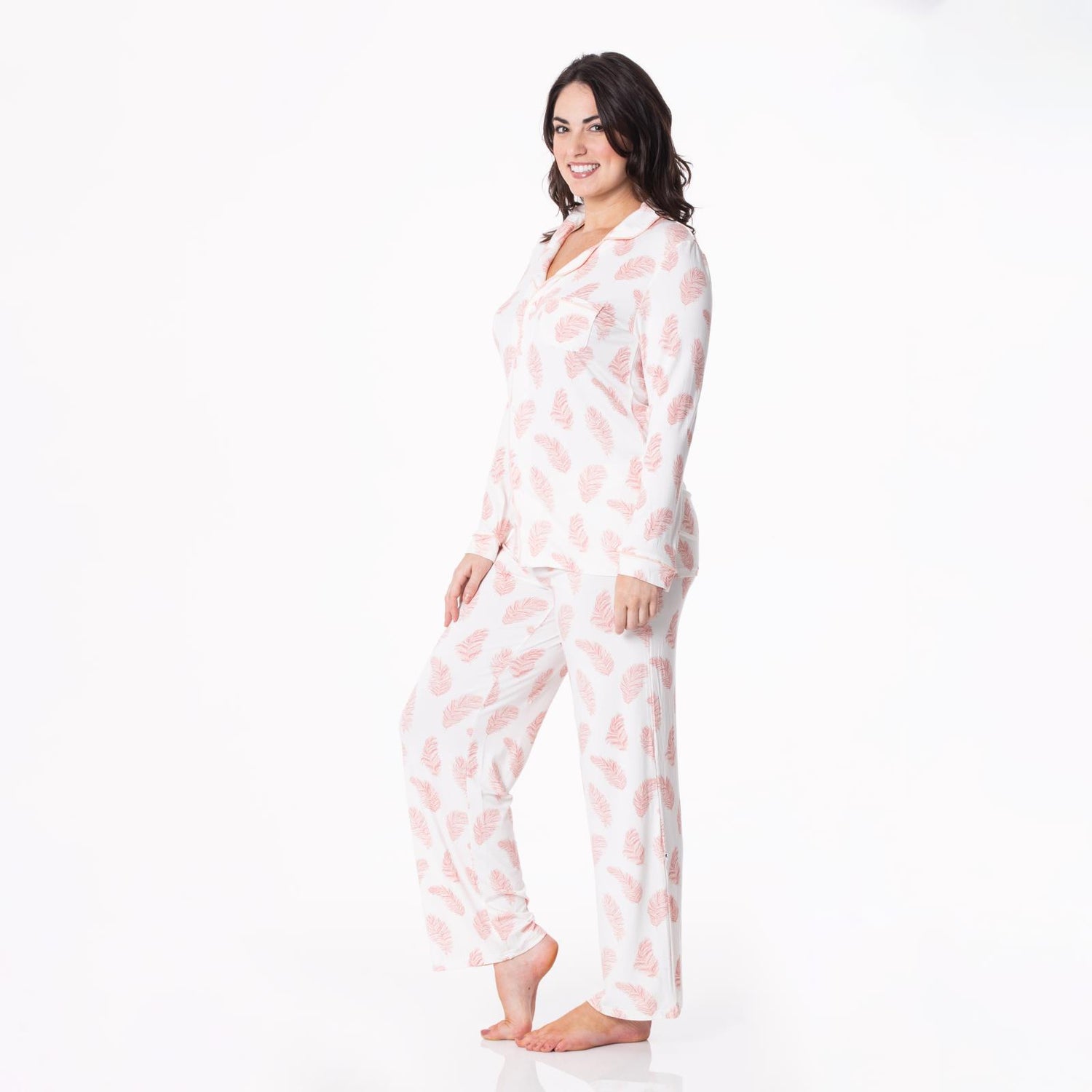 Women's Print Long Sleeve Collared Pajama Set in Natural Feathers