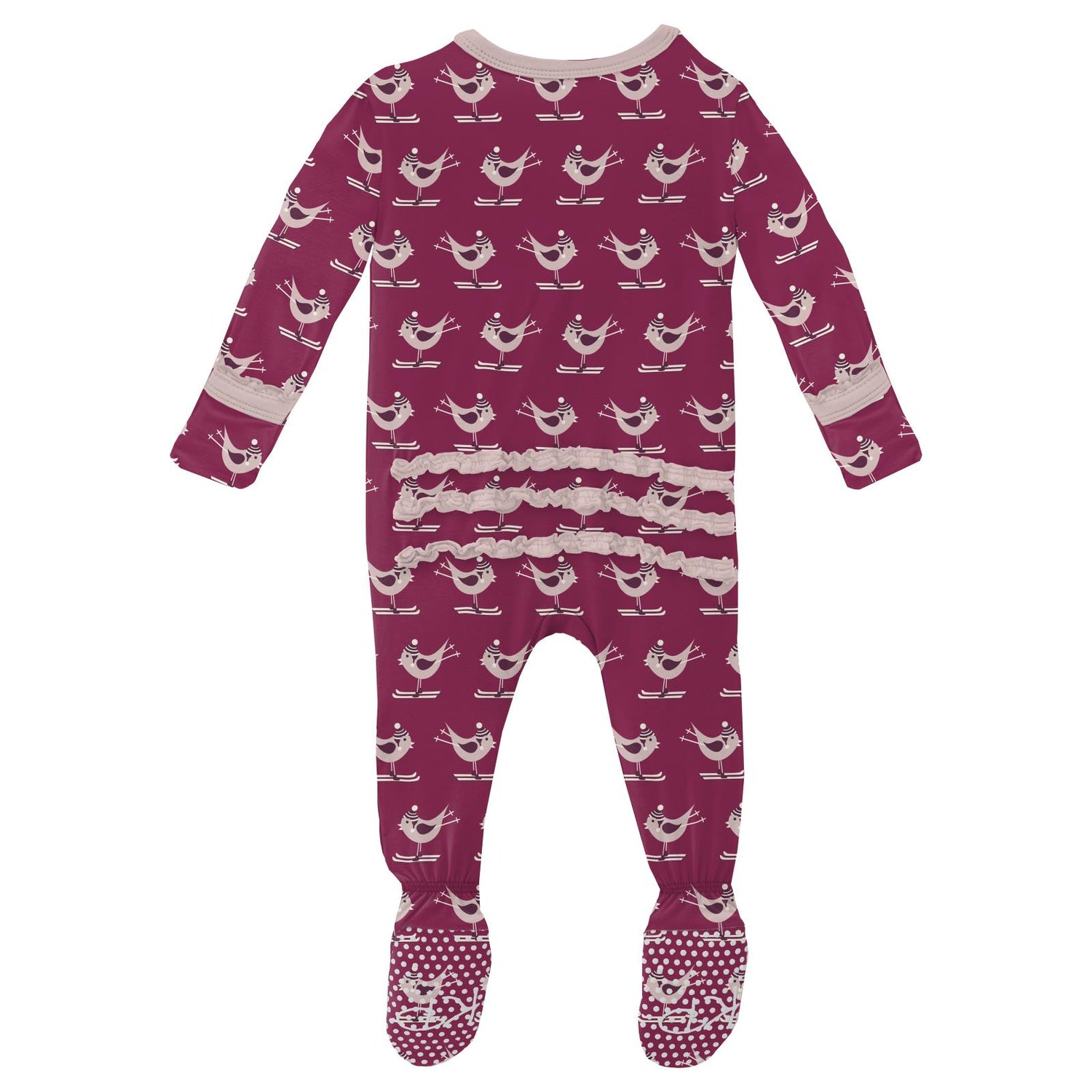 Print Muffin Ruffle Footie with 2 Way Zipper in Berry Ski Birds