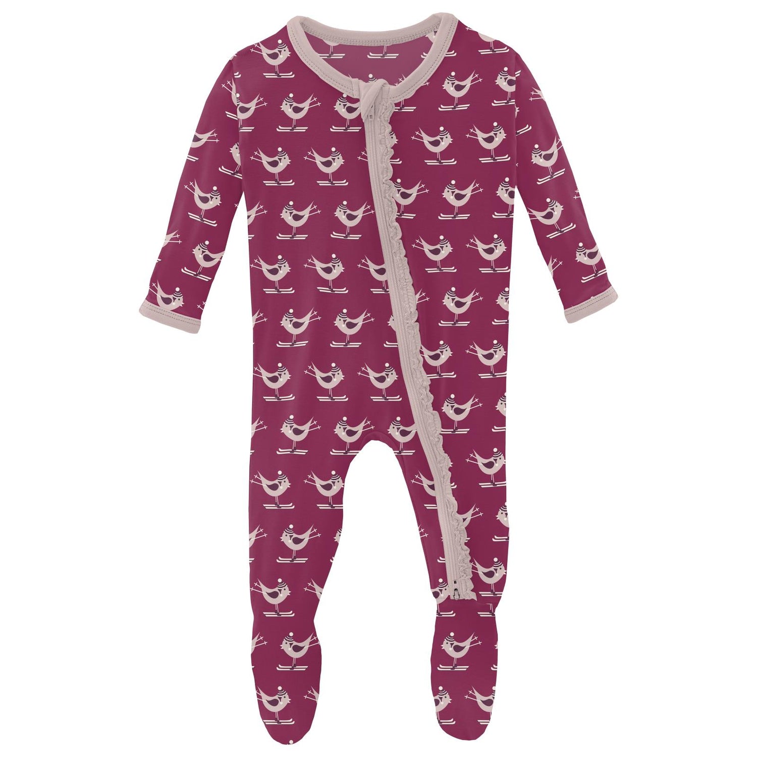 Print Muffin Ruffle Footie with 2 Way Zipper in Berry Ski Birds