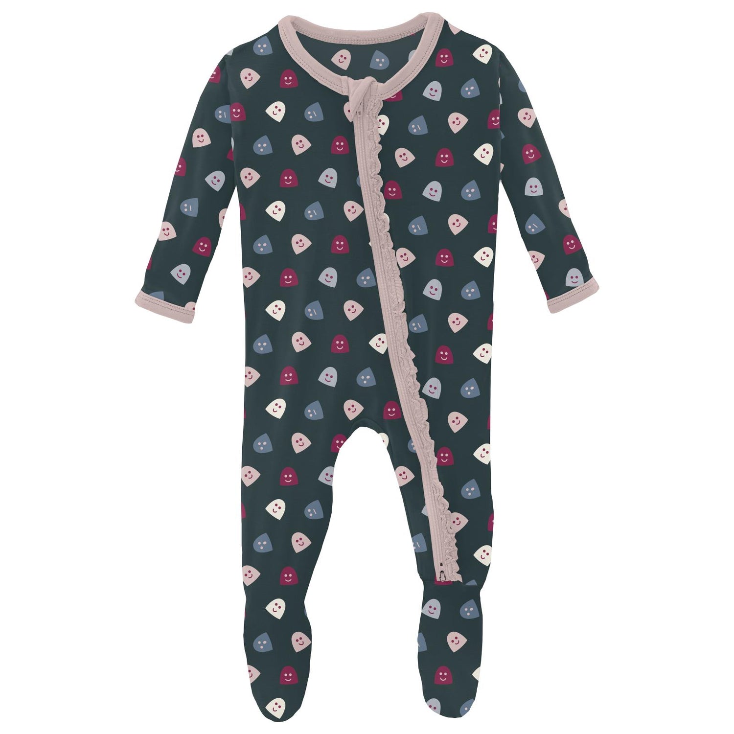 Print Muffin Ruffle Footie with 2 Way Zipper in Pine Happy Gumdrops