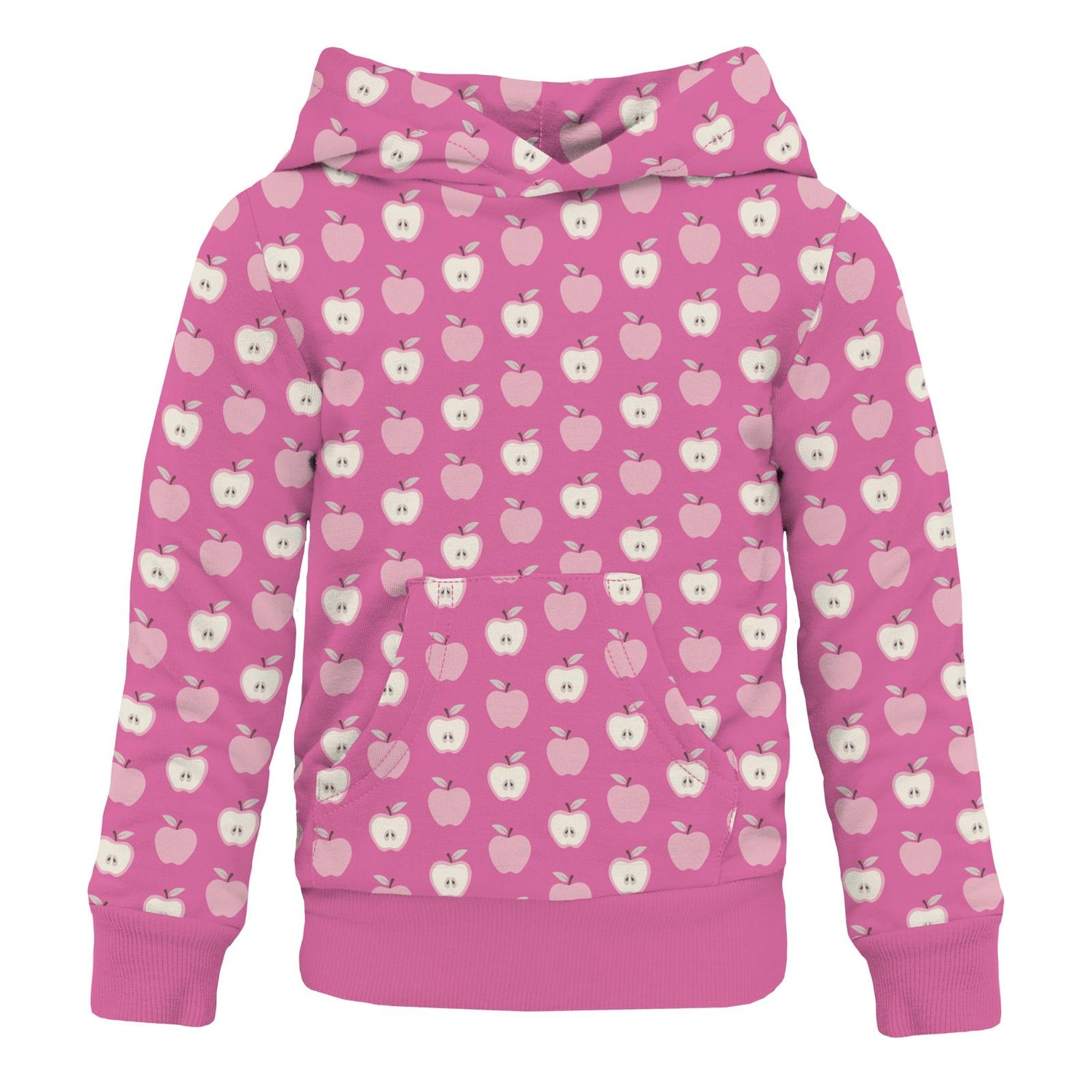 Print Fleece Kangaroo Pocket Pullover in Tulip Johnny Appleseed