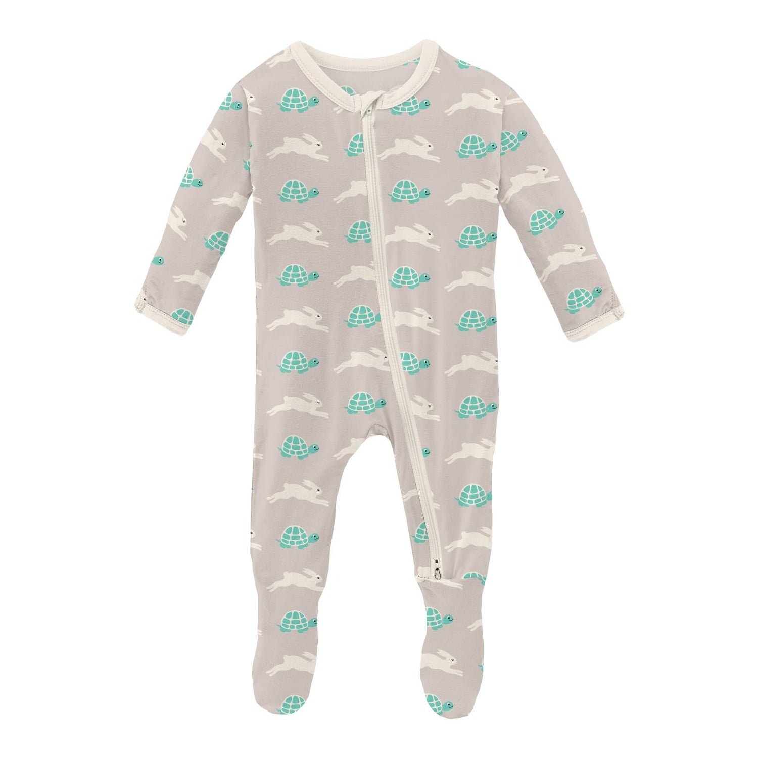 Print Footie with 2 Way Zipper in Latte Tortoise and Hare