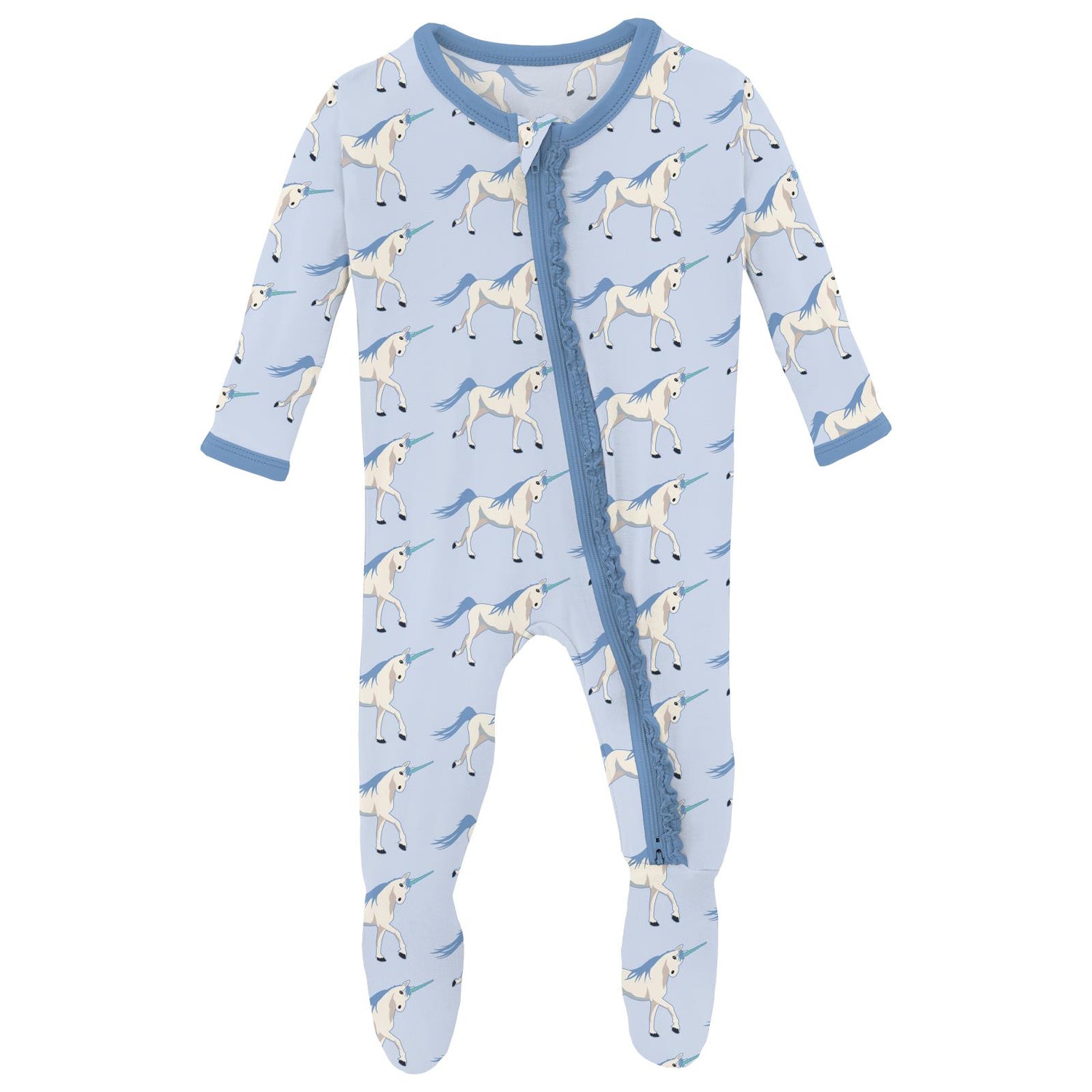 Print Muffin Ruffle Footie with 2 Way Zipper in Dew Prancing Unicorn