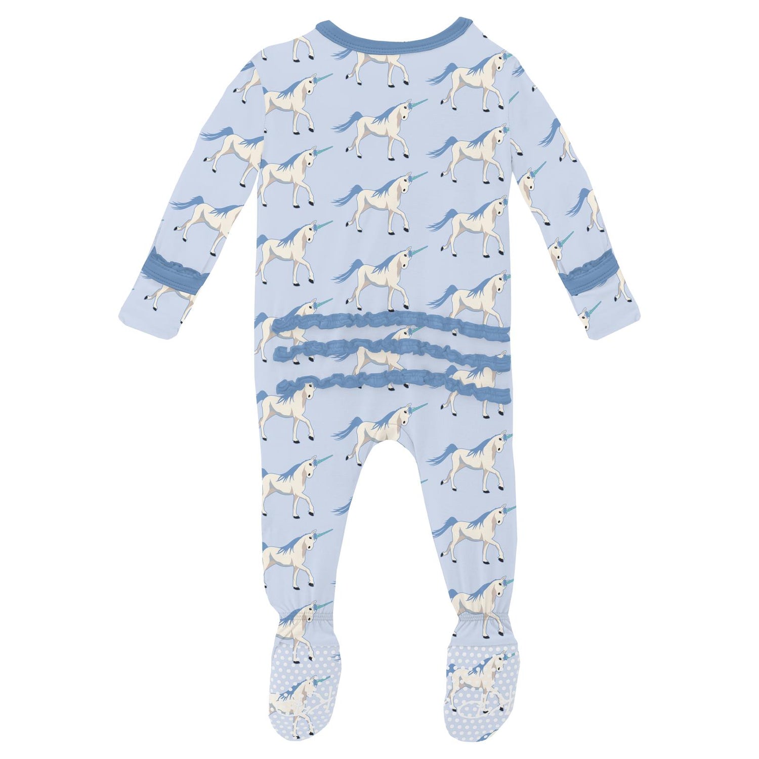 Print Muffin Ruffle Footie with 2 Way Zipper in Dew Prancing Unicorn