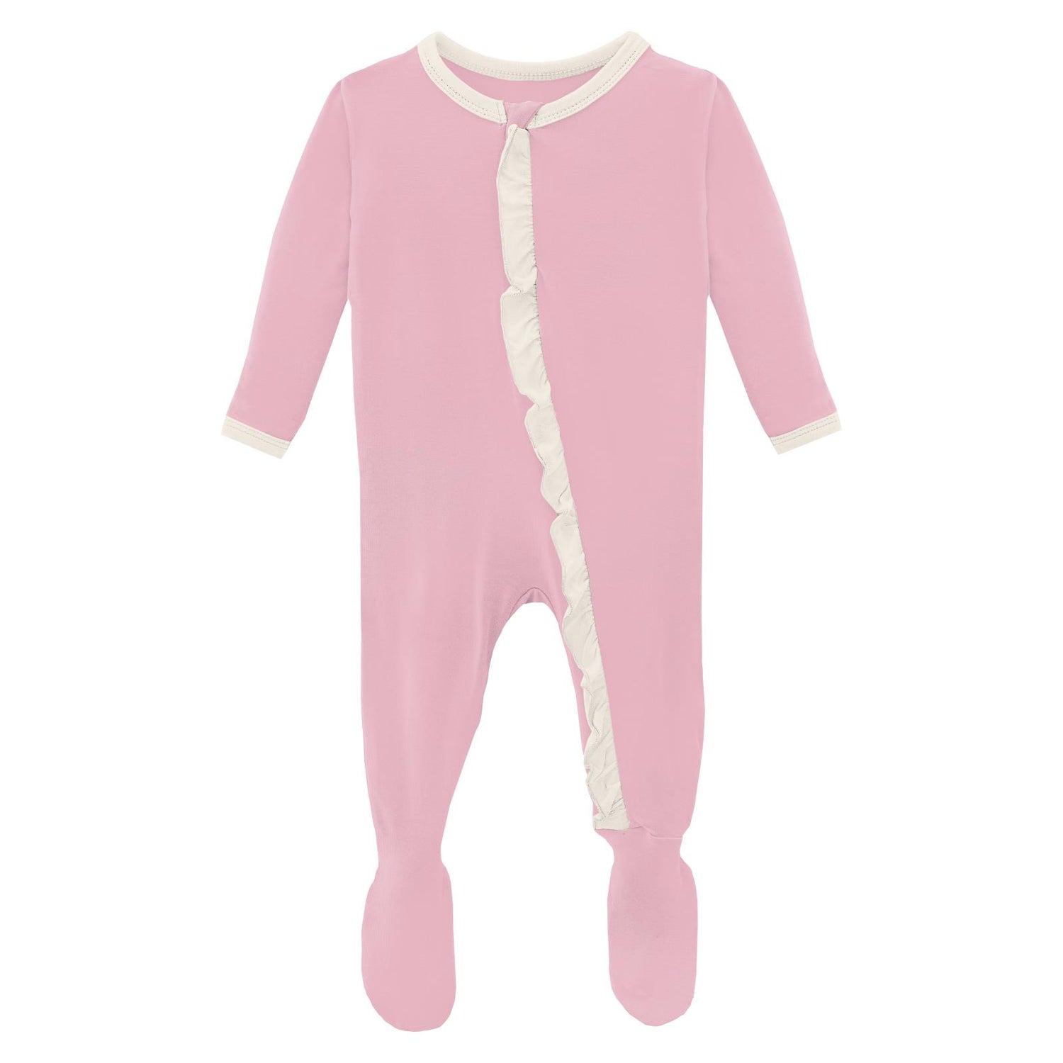 Classic Ruffle Footie with 2 Way Zipper in Cake Pop with Natural