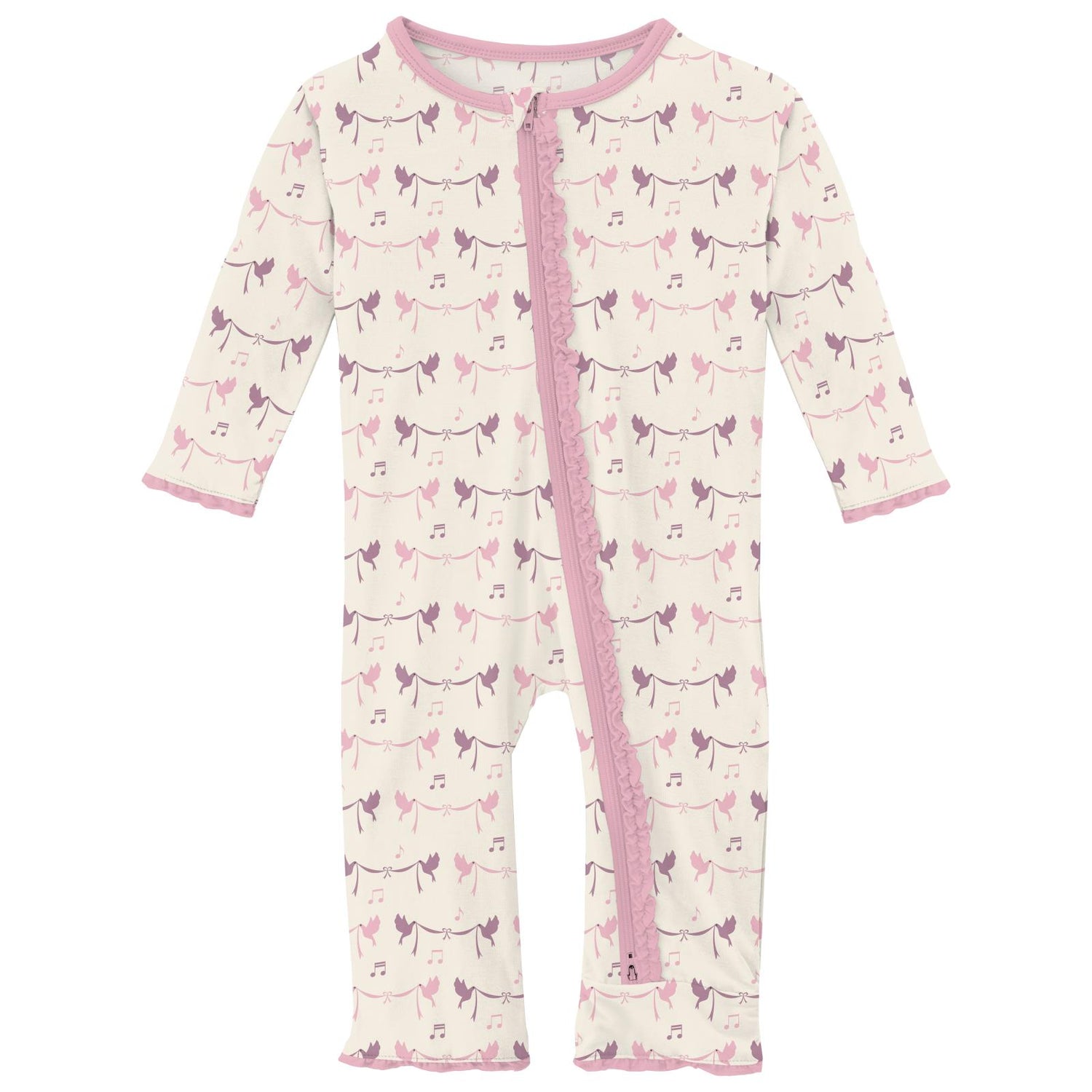 Print Muffin Ruffle Coverall with 2 Way Zipper in Natural Bird Banner