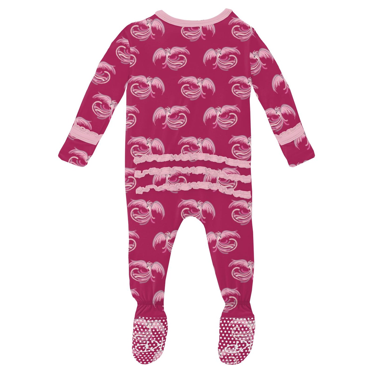 Print Muffin Ruffle Footie with 2 Way Zipper in Dragon Fruit Phoenix
