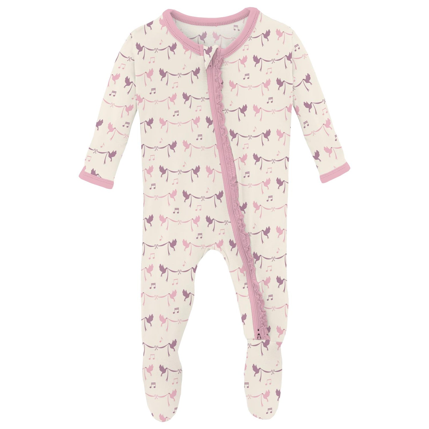 Print Muffin Ruffle Footie with 2 Way Zipper in Natural Bird Banner