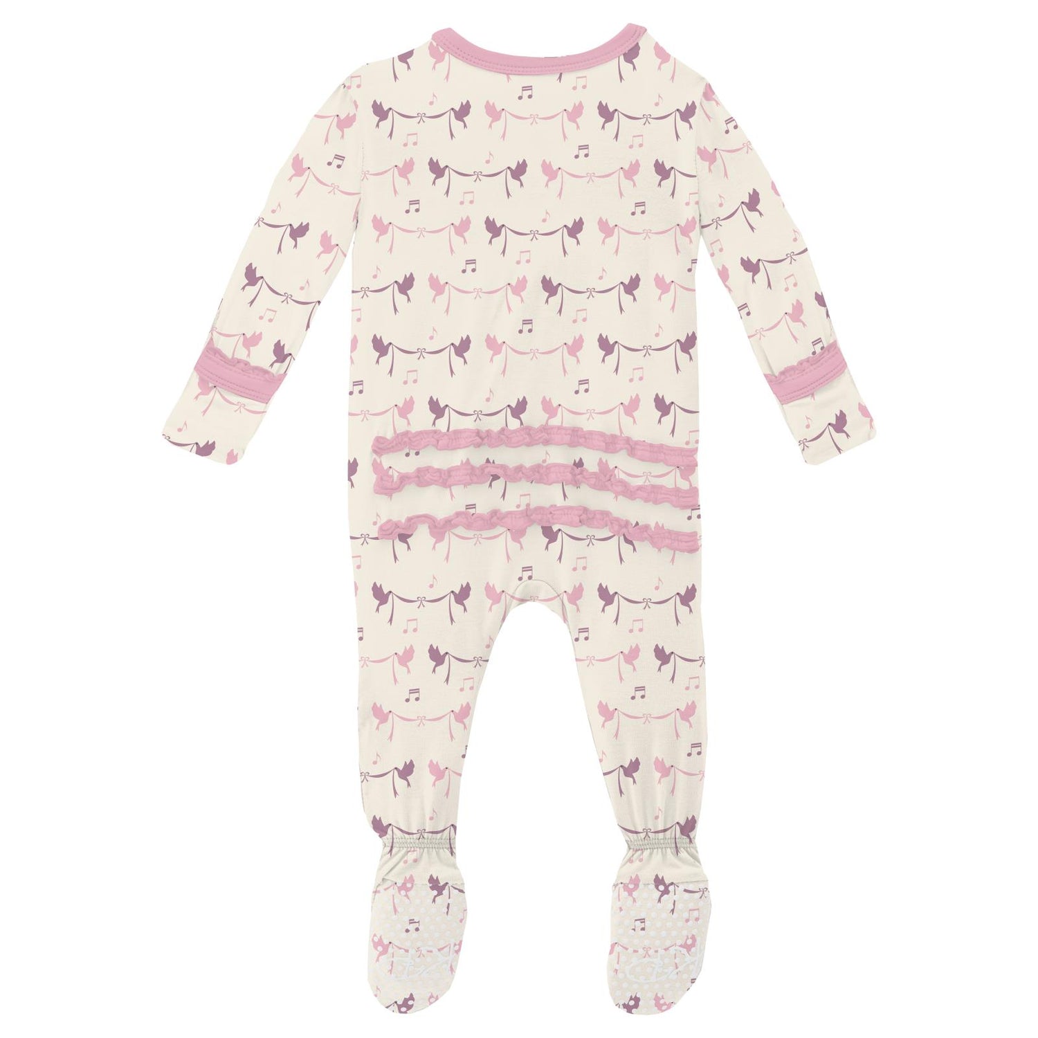 Print Muffin Ruffle Footie with 2 Way Zipper in Natural Bird Banner