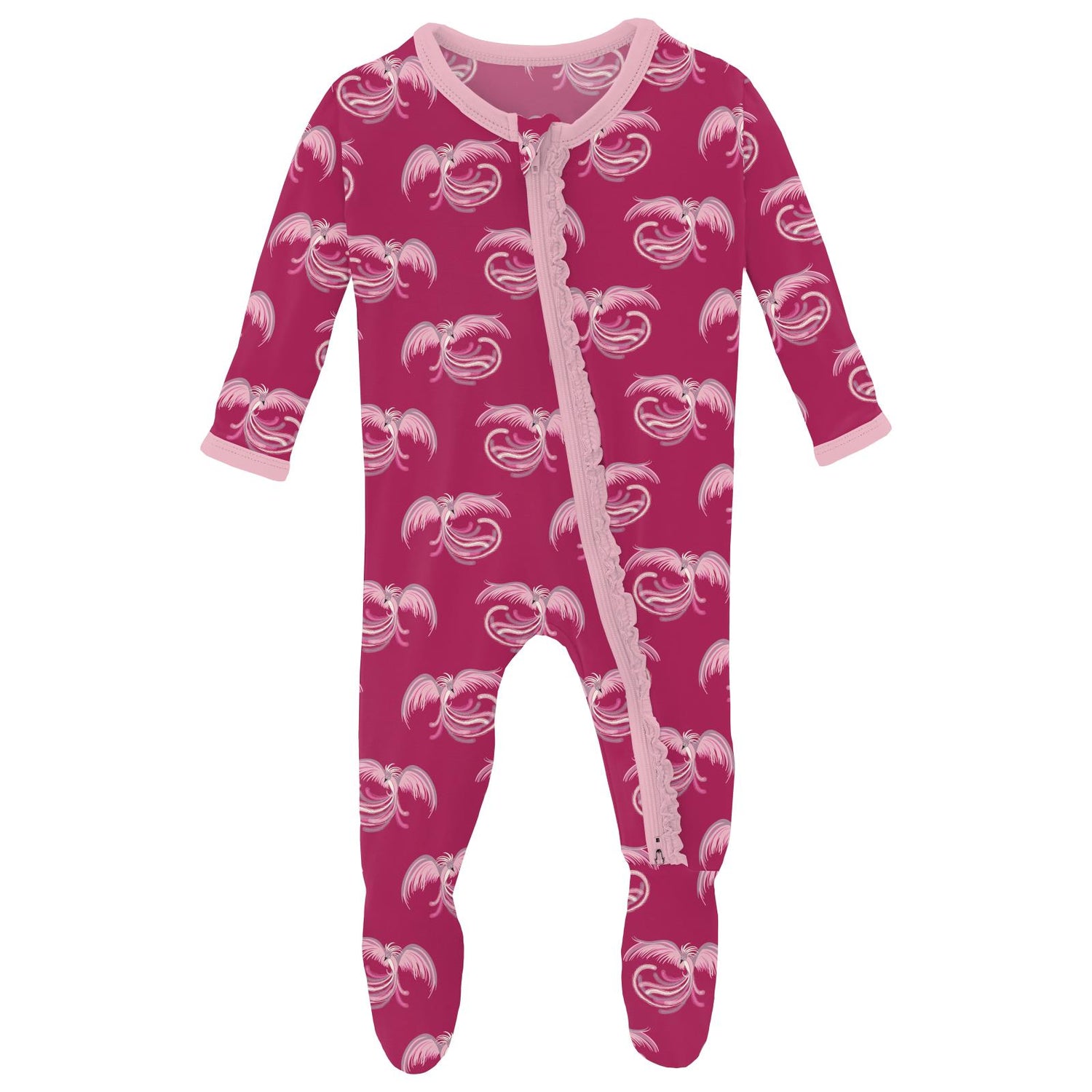Print Muffin Ruffle Footie with 2 Way Zipper in Dragon Fruit Phoenix