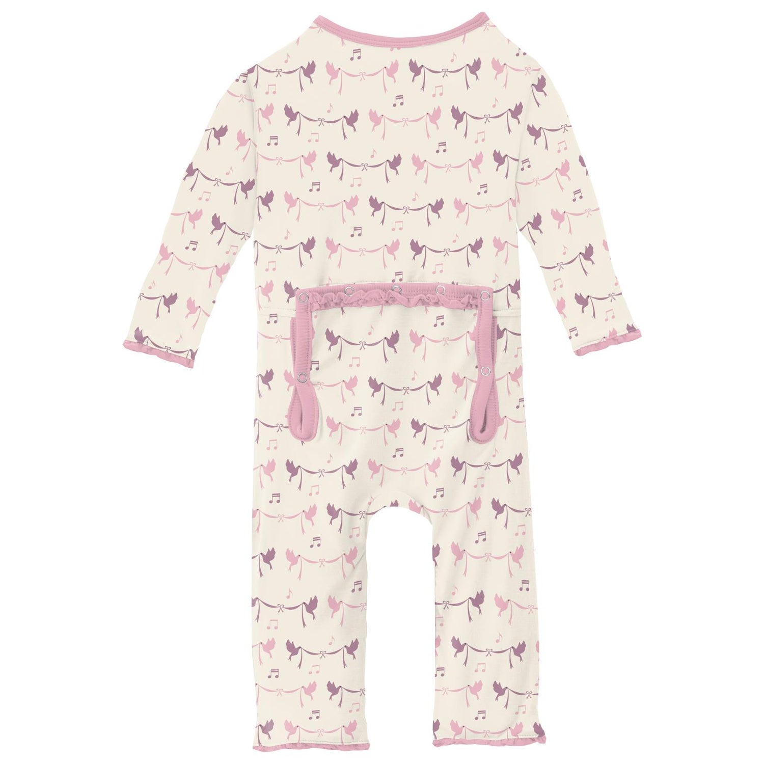 Print Muffin Ruffle Coverall with 2 Way Zipper in Natural Bird Banner