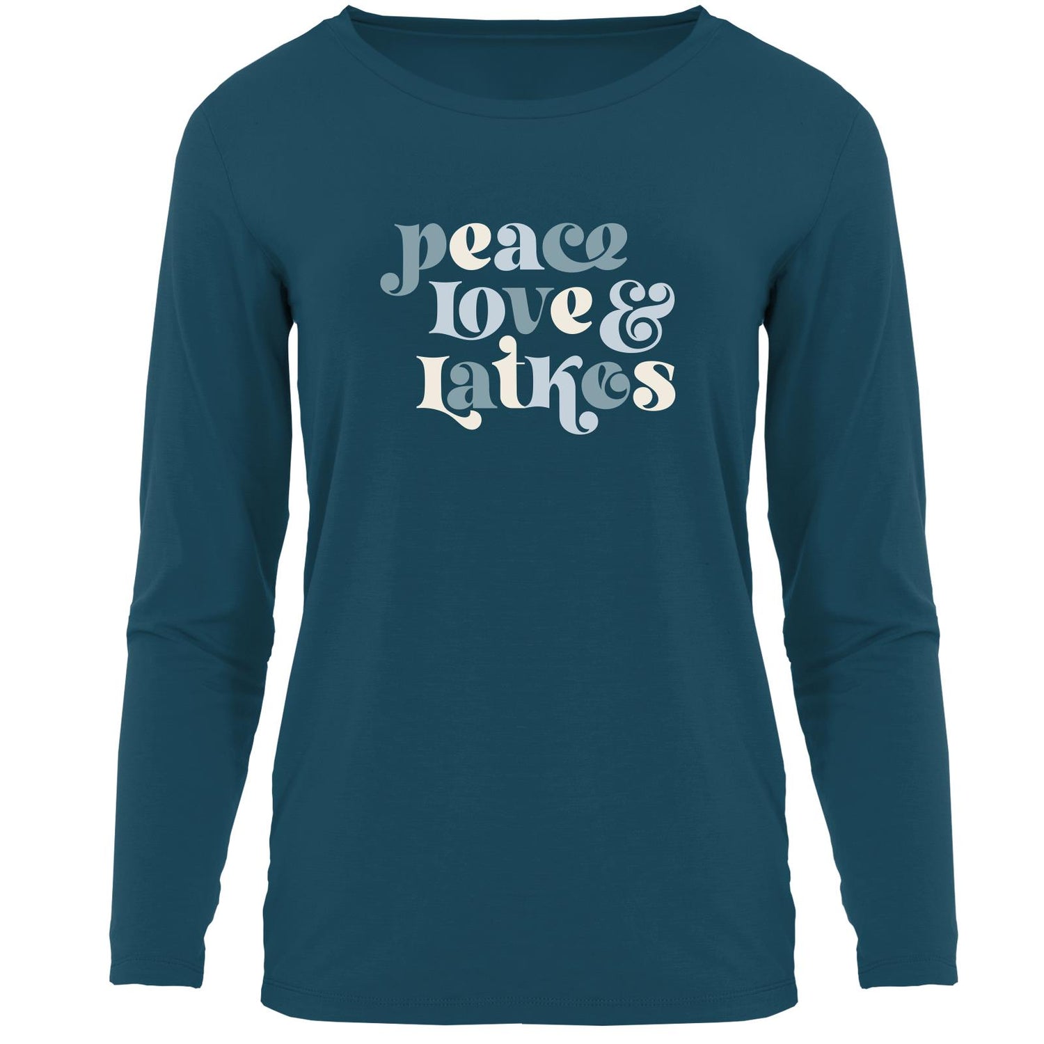 Women's Long Sleeve Relaxed Graphic Tee in Peacock Peace Love Latkes