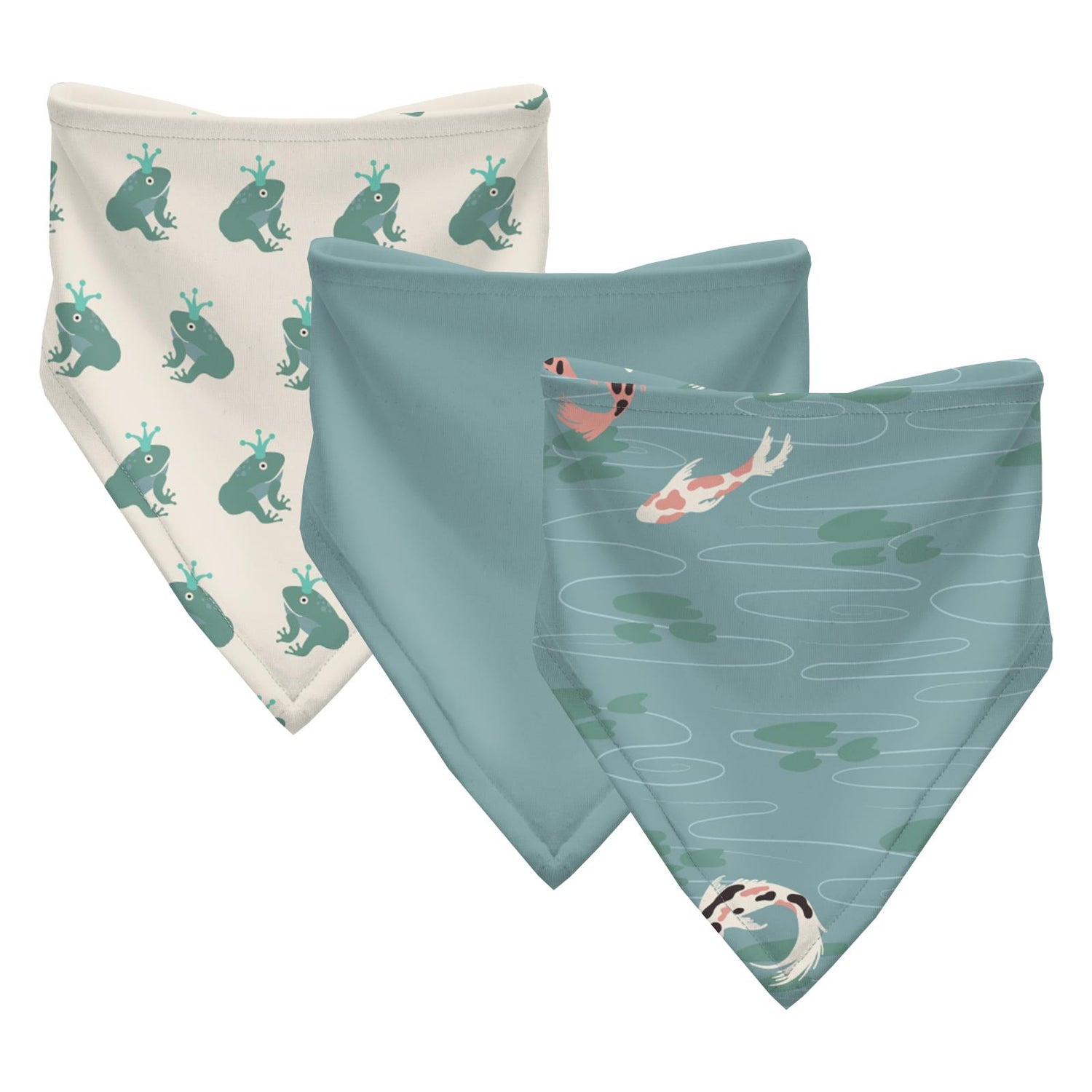 Print Bandana Bib Set of 3 in Natural Frog Prince, Jade and Jade Koi Pond