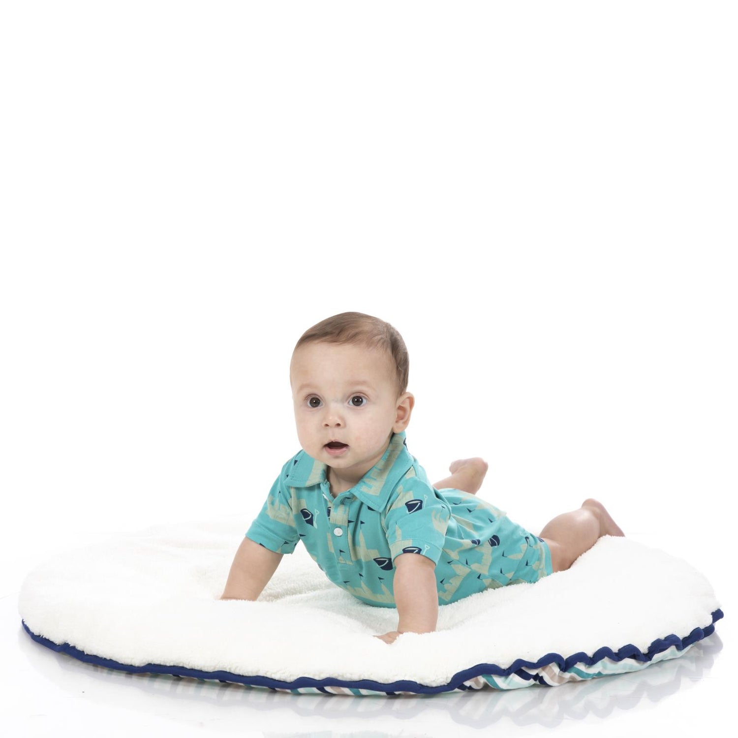 Print Short Sleeve Polo Romper in Neptune Sandcastles