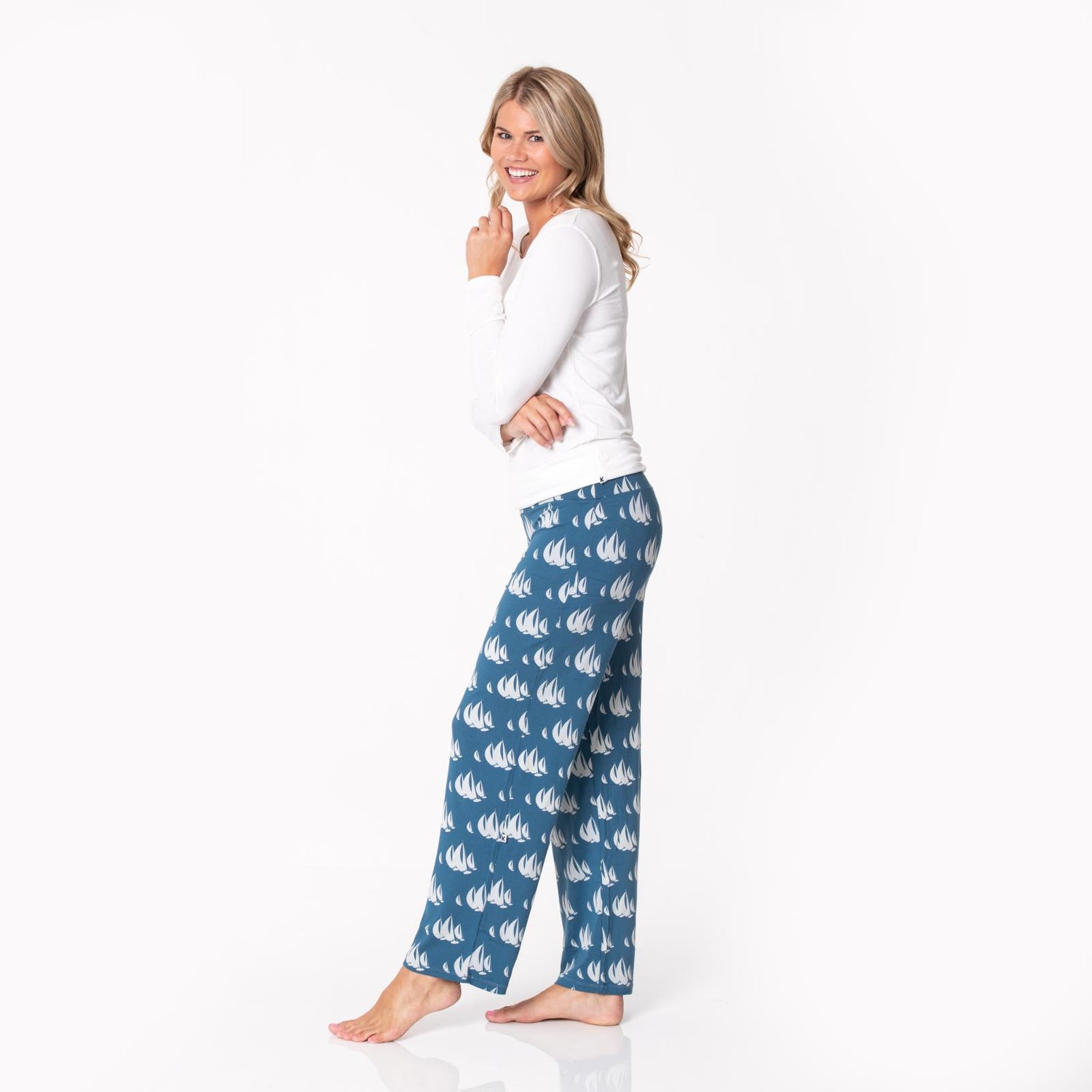 Women's Long Sleeve Loosey Goosey Tee & Pajama Pants Set in Deep Sea Sailboat Race