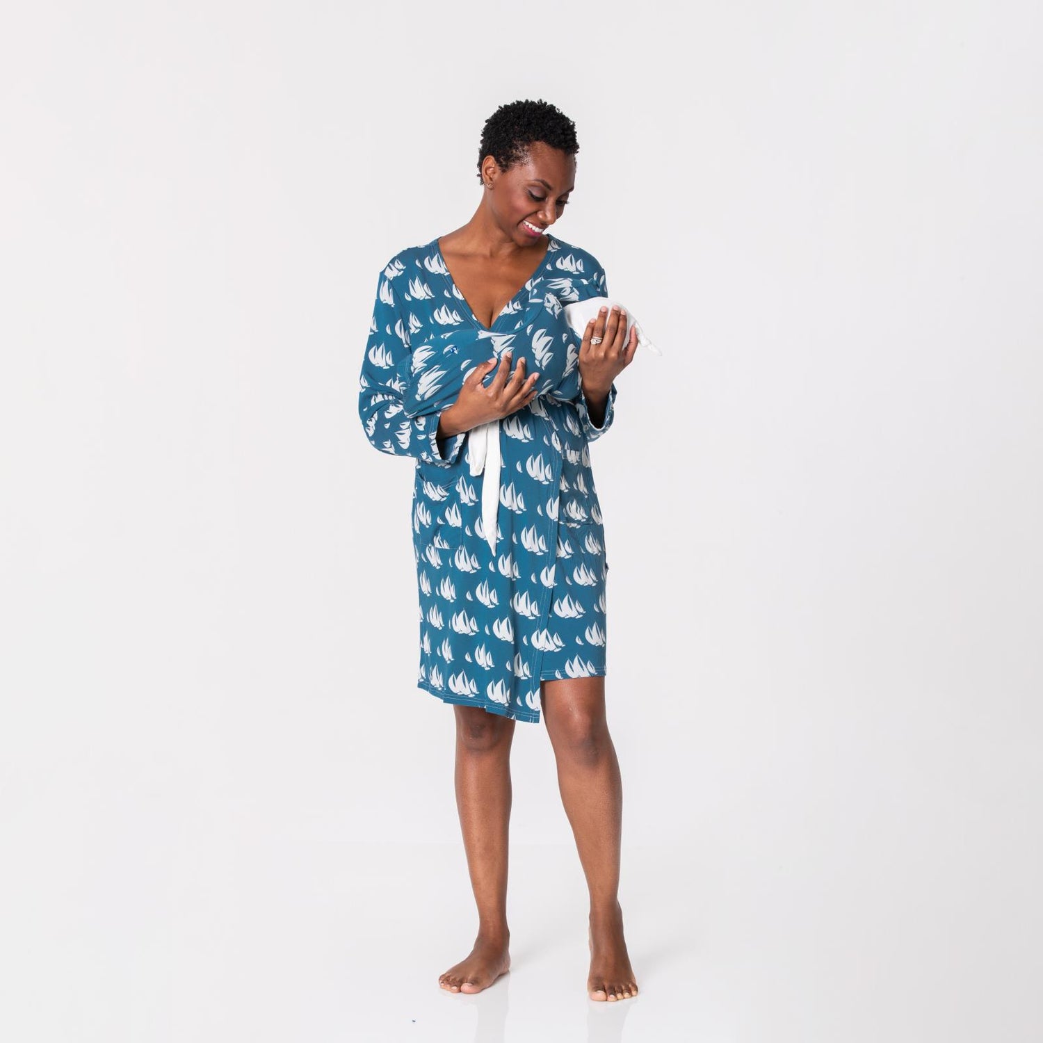 Women's Maternity/Nursing Robe & Layette Gown Set in Deep Sea Sailboat Race
