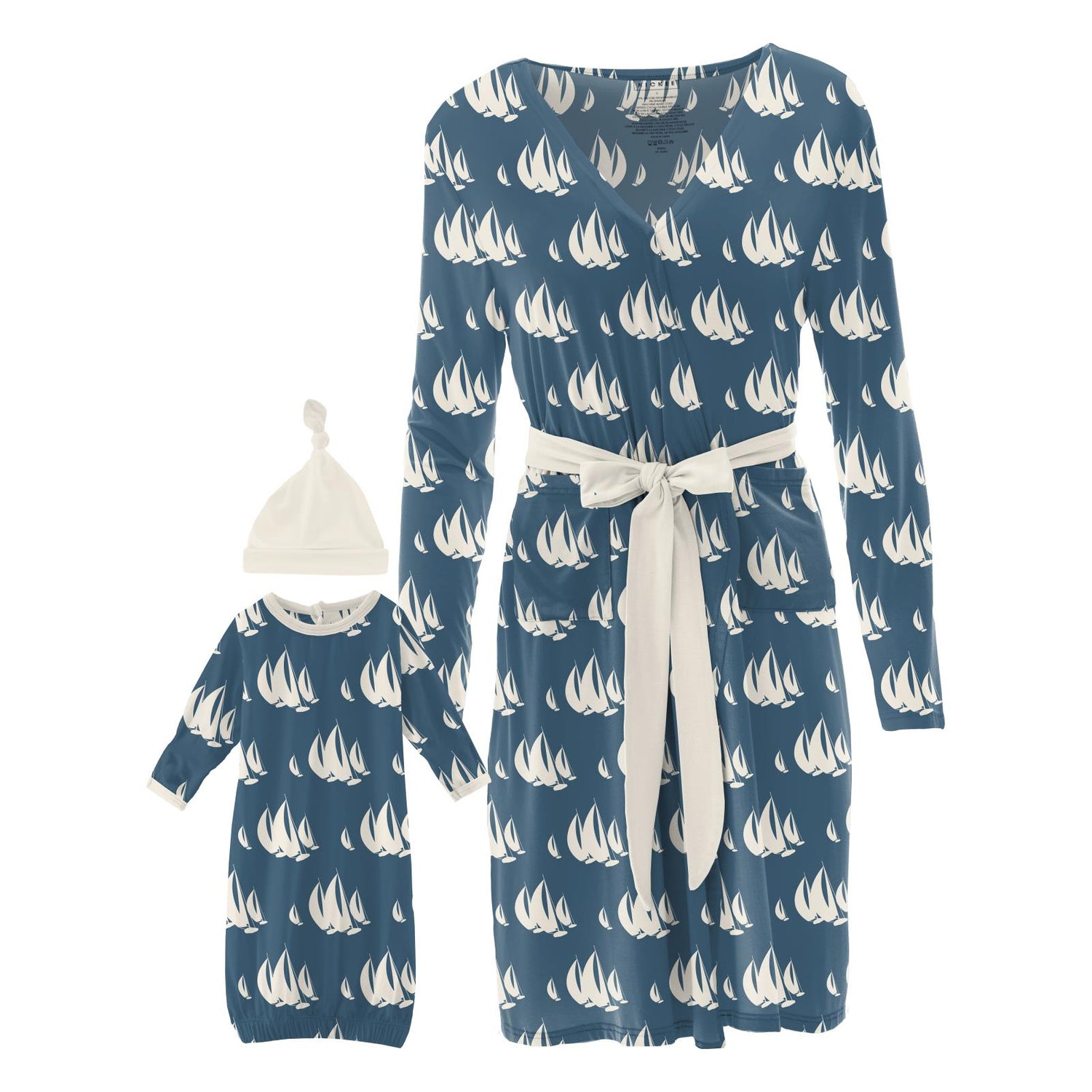 Women's Maternity/Nursing Robe & Layette Gown Set in Deep Sea Sailboat Race