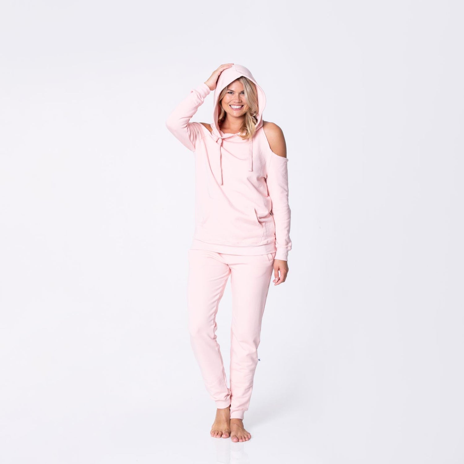 Women's Fleece Open-Shoulder Pullover in Baby Rose