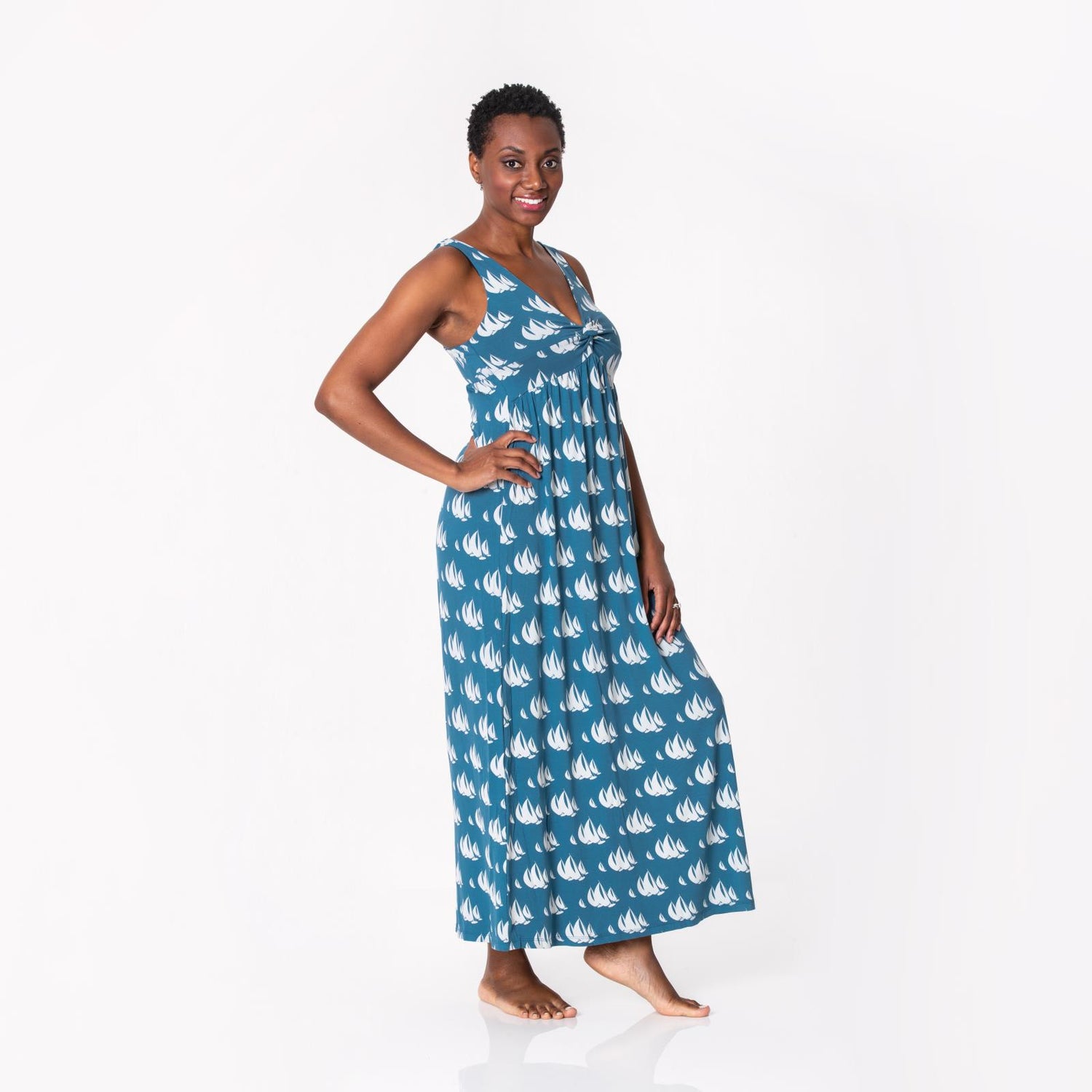 Women's Print Simple Twist Nightgown in Deep Sea Sailboat Race