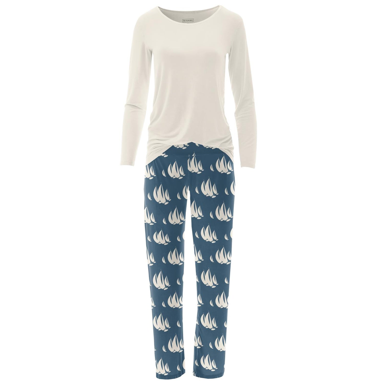 Women's Long Sleeve Loosey Goosey Tee & Pajama Pants Set in Deep Sea Sailboat Race