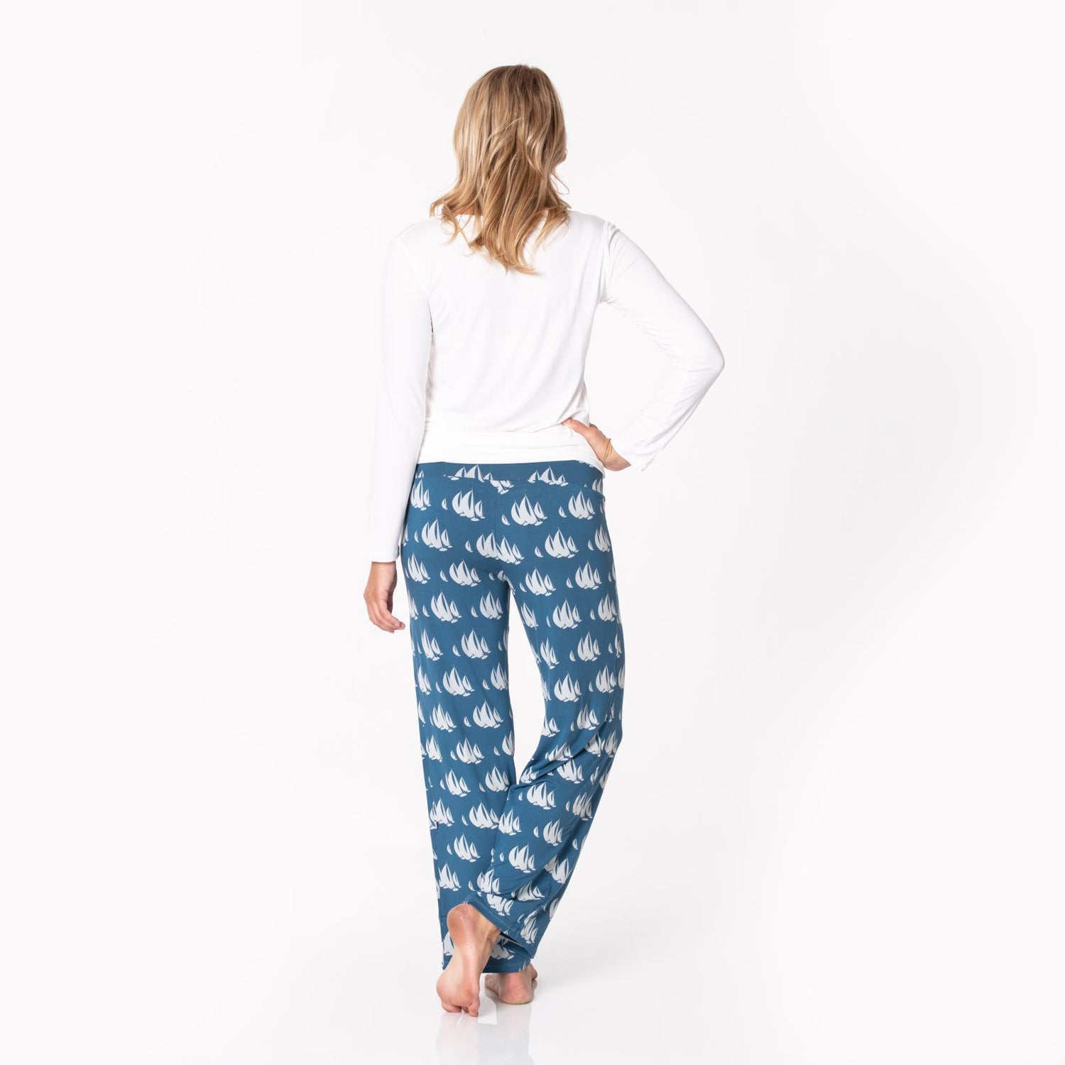 Women's Long Sleeve Loosey Goosey Tee & Pajama Pants Set in Deep Sea Sailboat Race