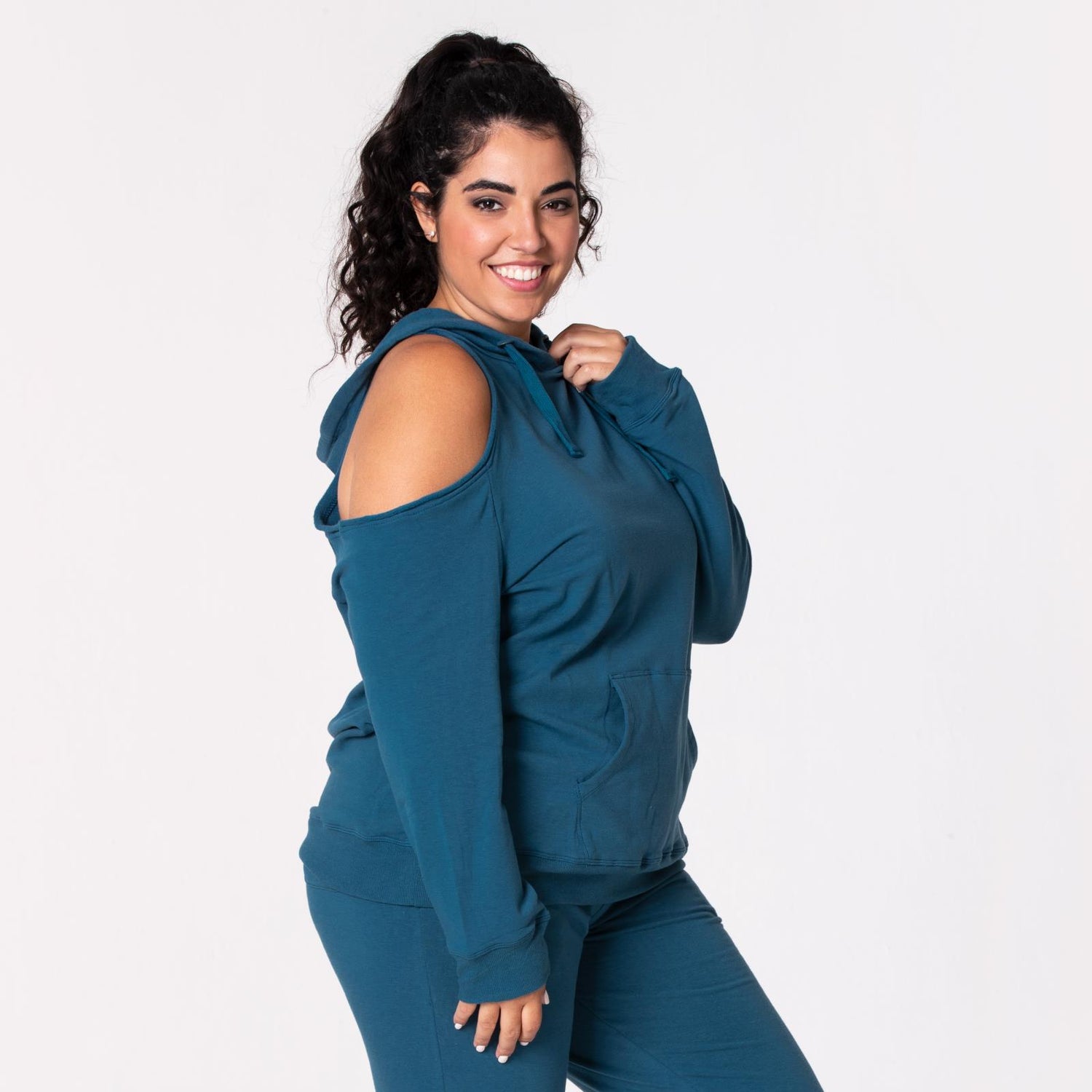 Women's Fleece Open-Shoulder Pullover in Deep Sea