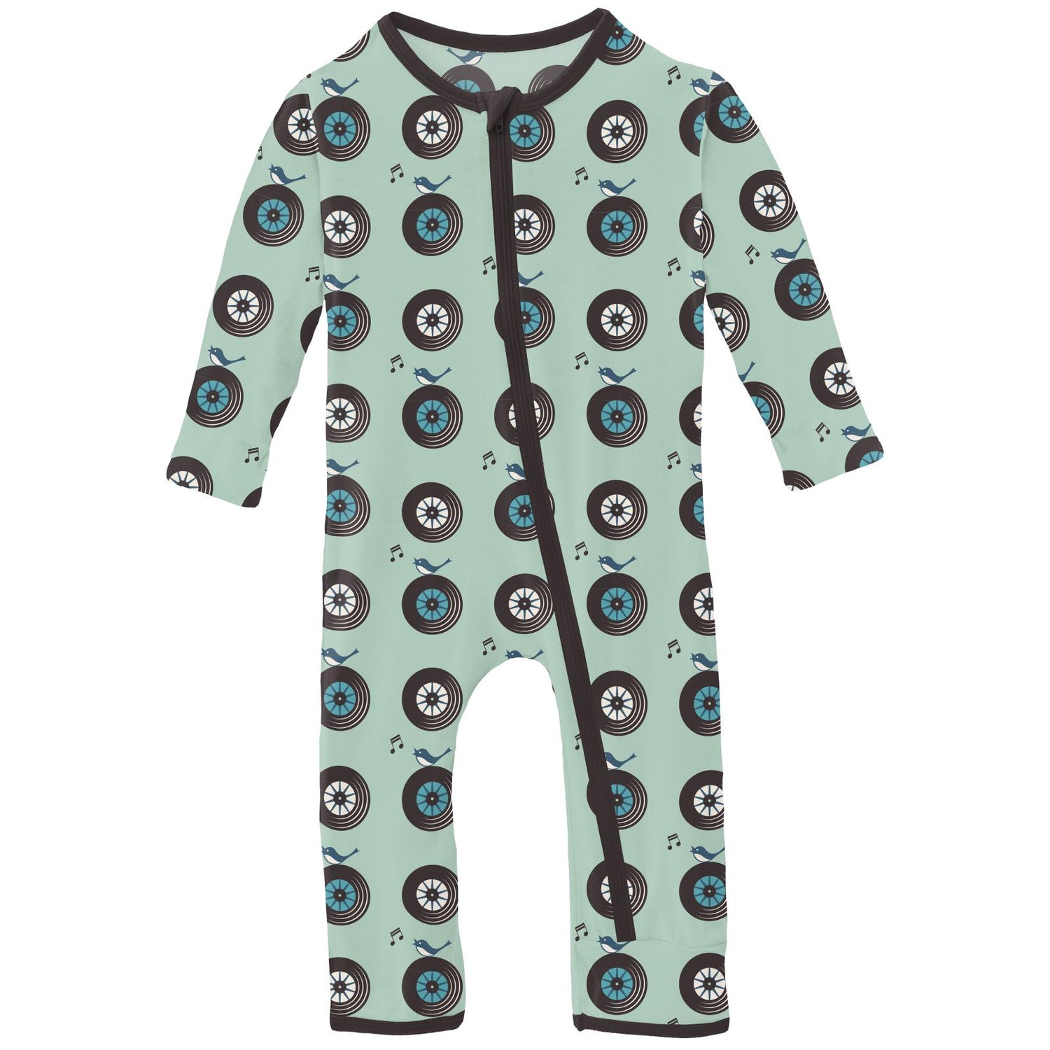 Print Coverall with Zipper in Pistachio Record Birds