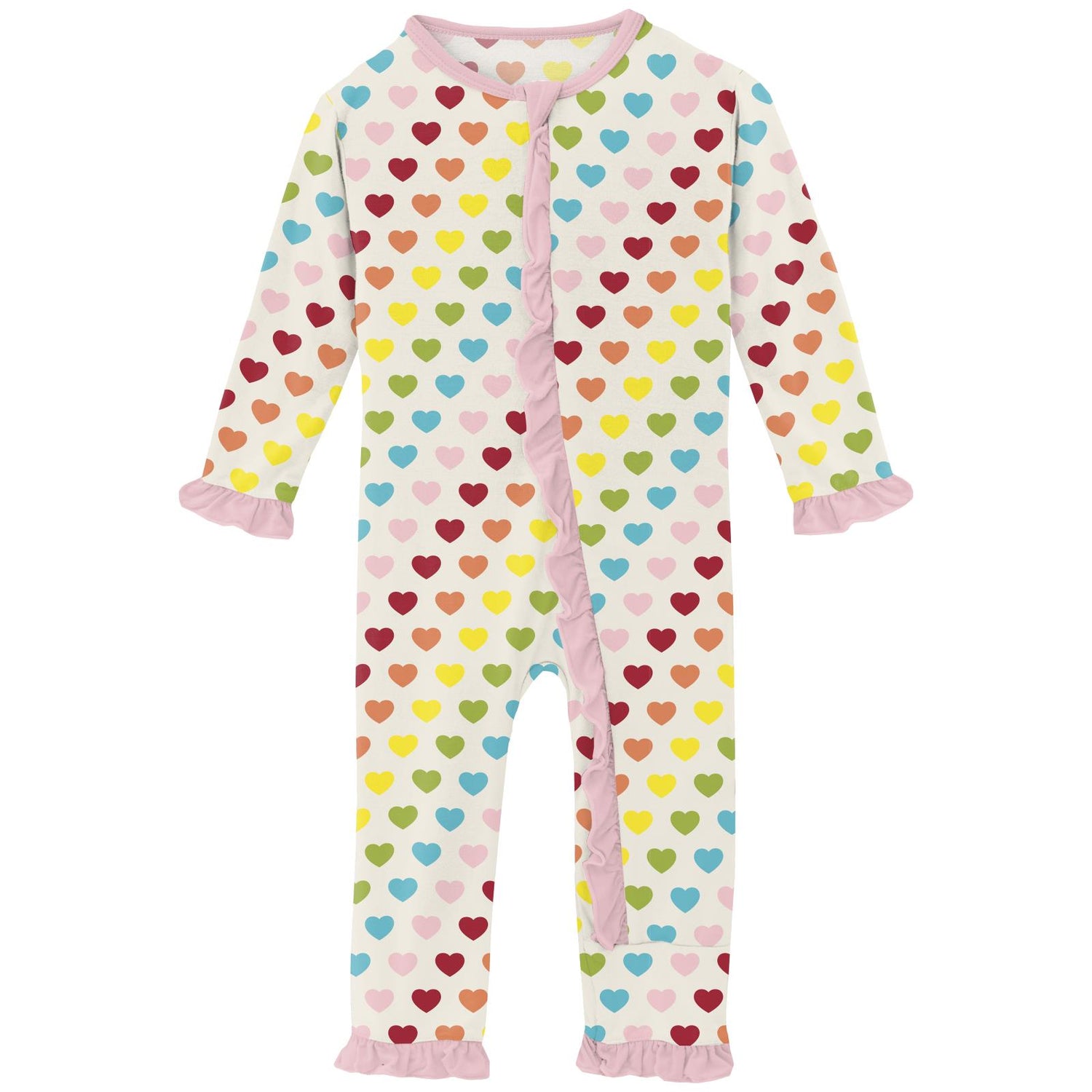 Print Classic Ruffle Coverall with 2 Way Zipper in Rainbow Hearts