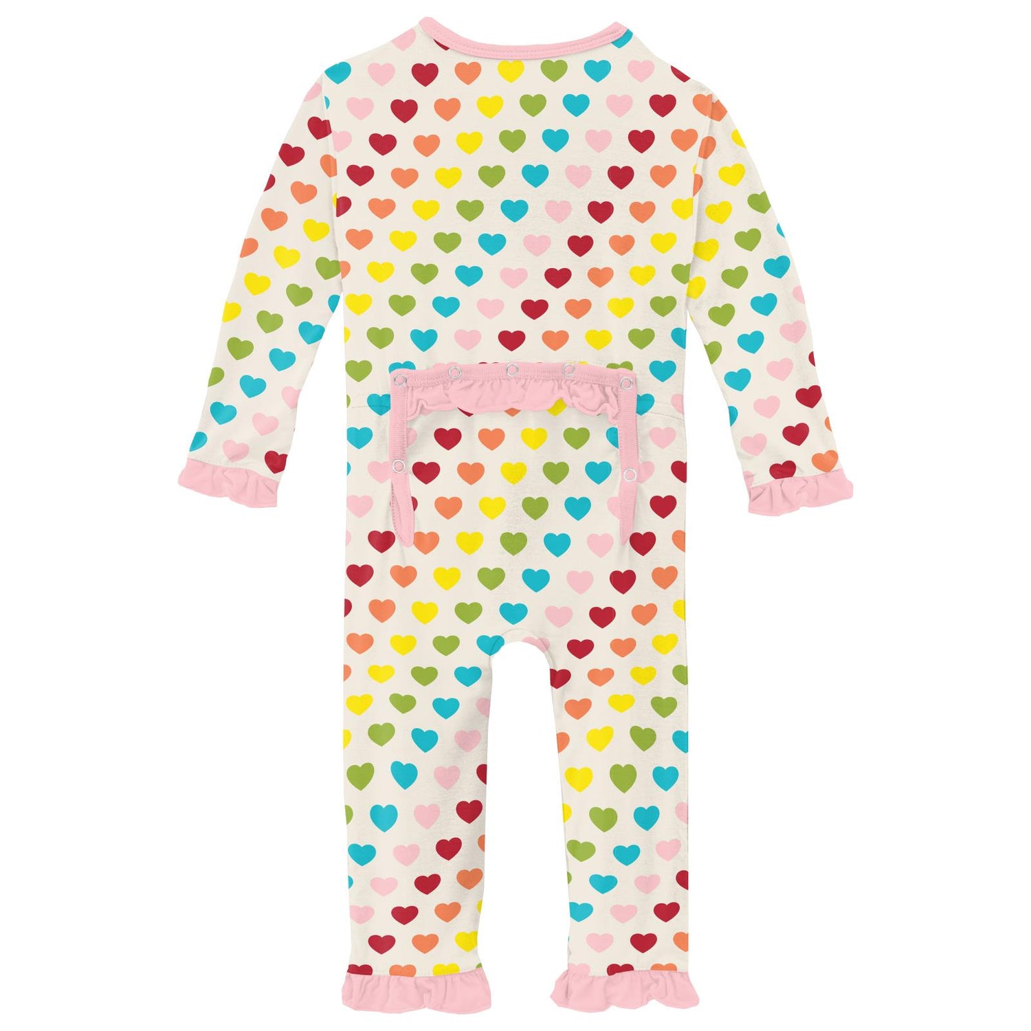 Print Classic Ruffle Coverall with 2 Way Zipper in Rainbow Hearts
