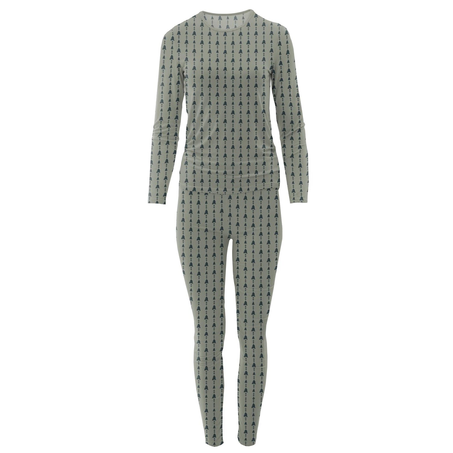 Women's Print Long Sleeve Fitted Pajama Set in Silver Sage Trees & Hearts