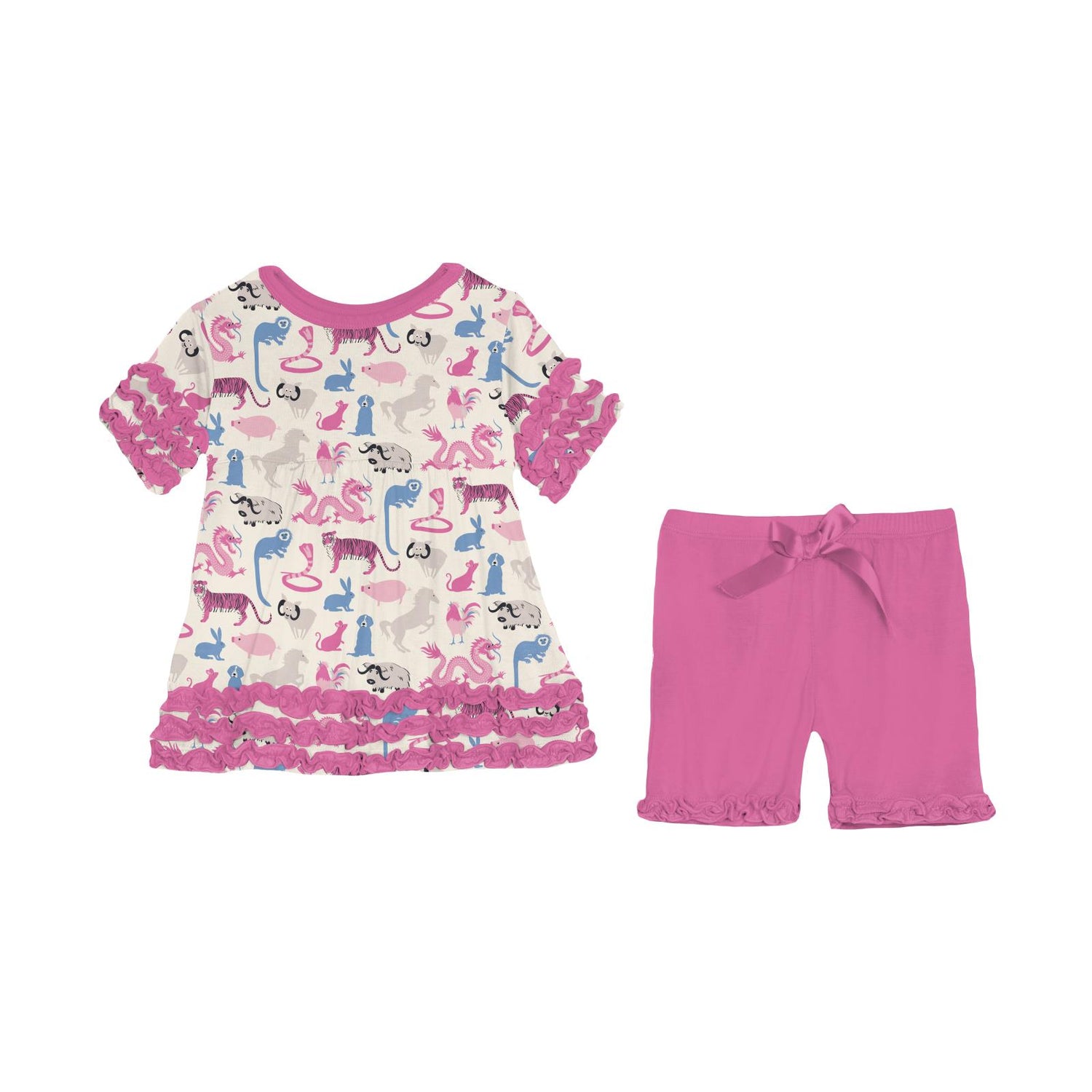 Print Short Sleeve Babydoll Outfit Set with Shorts in Natural Chinese Zodiac