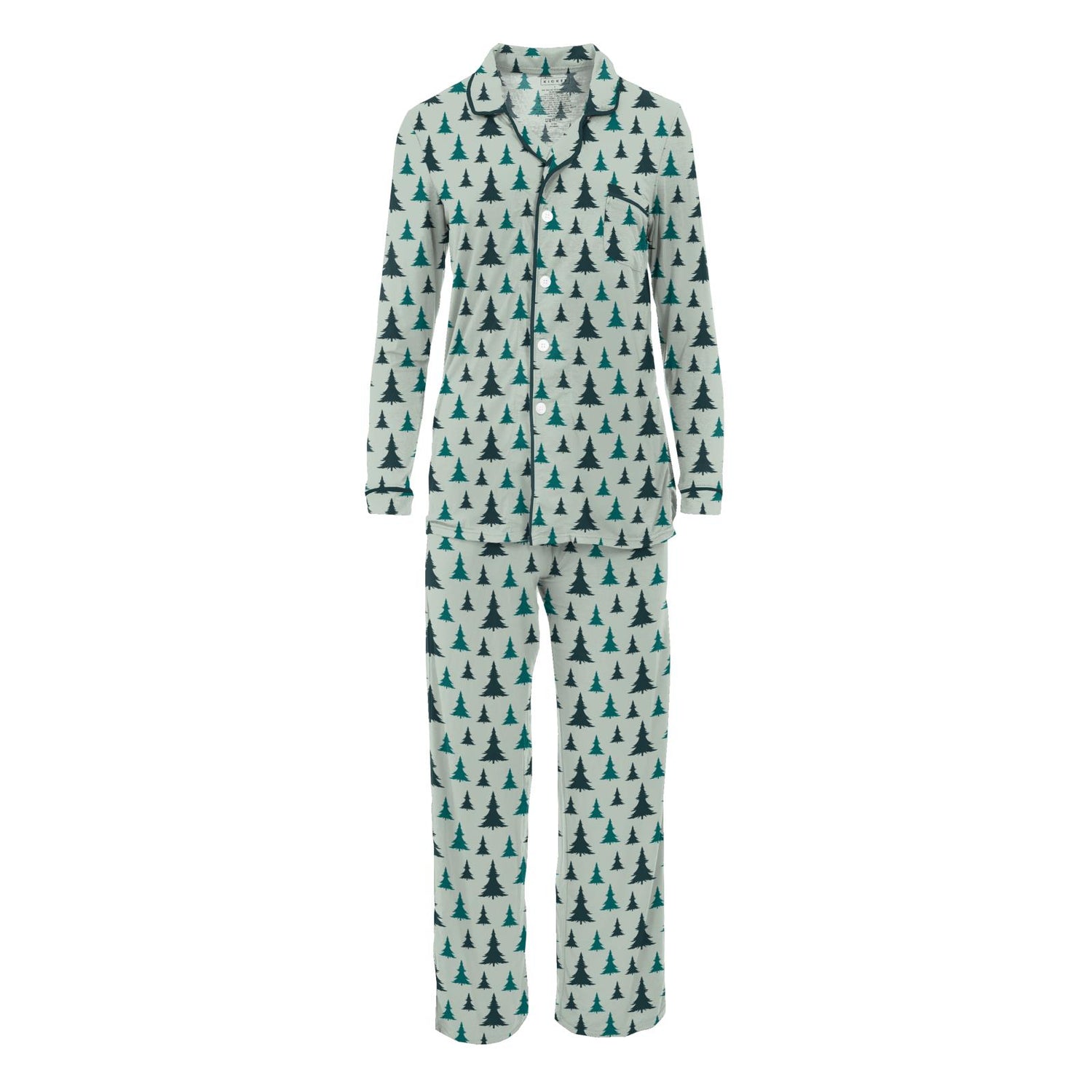 Women's Print Long Sleeve Collared Pajama Set in Aloe Christmas Trees