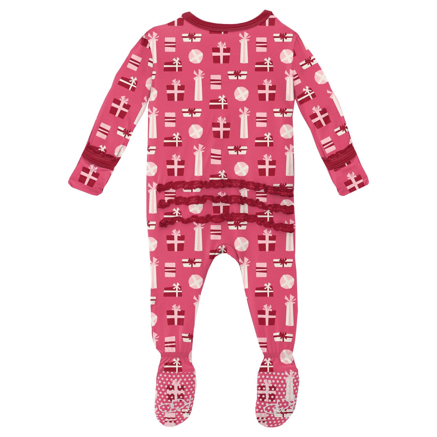 Print Muffin Ruffle Footie with Zipper in Winter Rose Presents