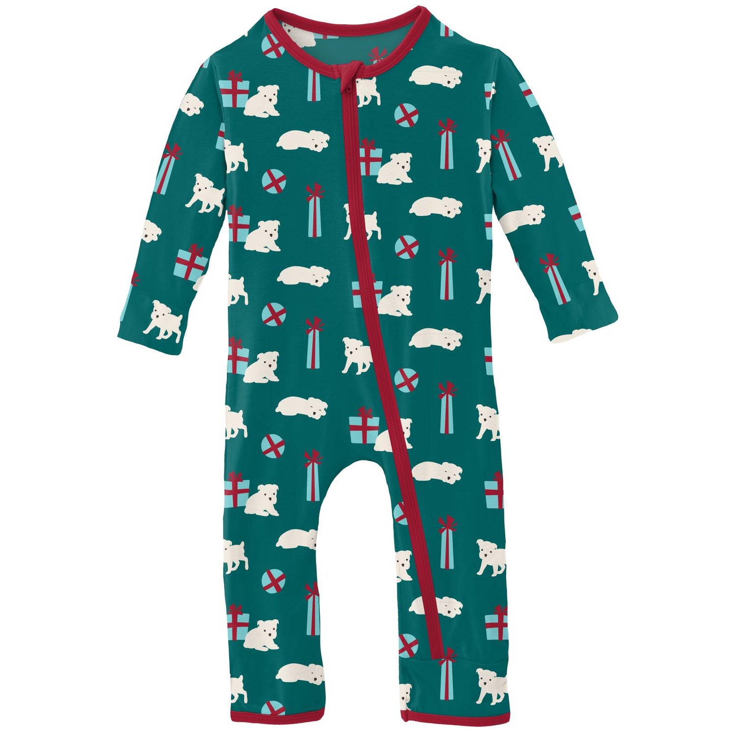 Print Coverall with Zipper in Cedar Puppies and Presents