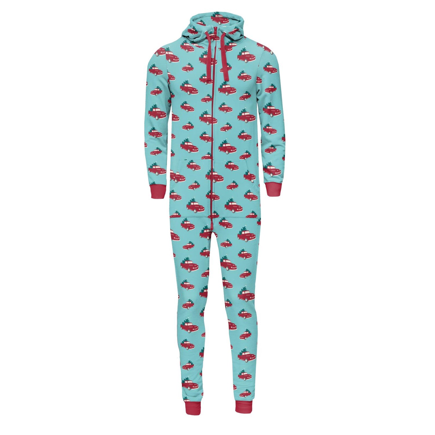 Print Adult Fleece Jumpsuit with Hood in Iceberg Trucks and Trees