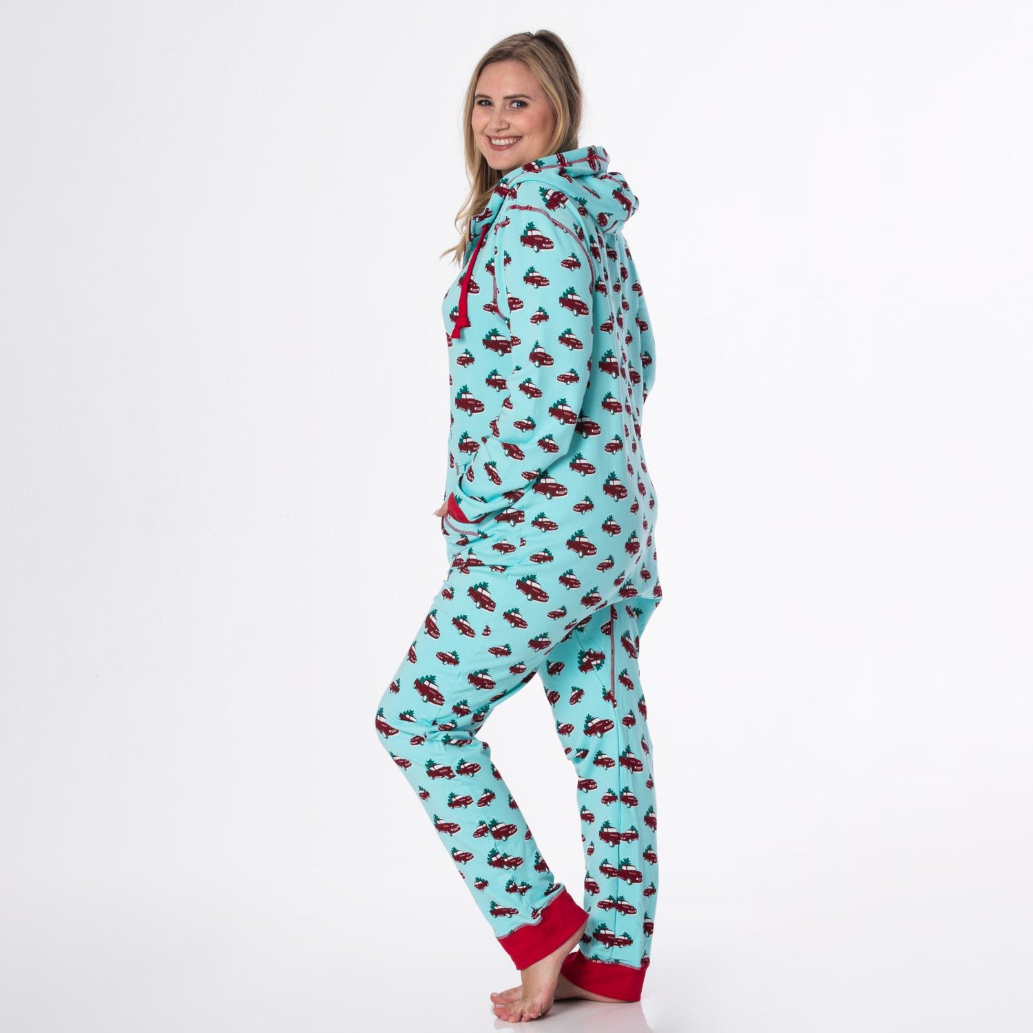Print Adult Fleece Jumpsuit with Hood in Iceberg Trucks and Trees